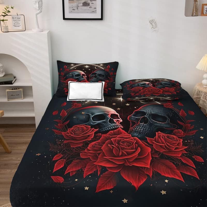 Miniatura 2 de Juego de sábanas de calavera rosa tamaño Queen, sábanas y fundas de almohada de esqueleto gótico, bolsillo extra profundo de 21 pulgadas, juego de