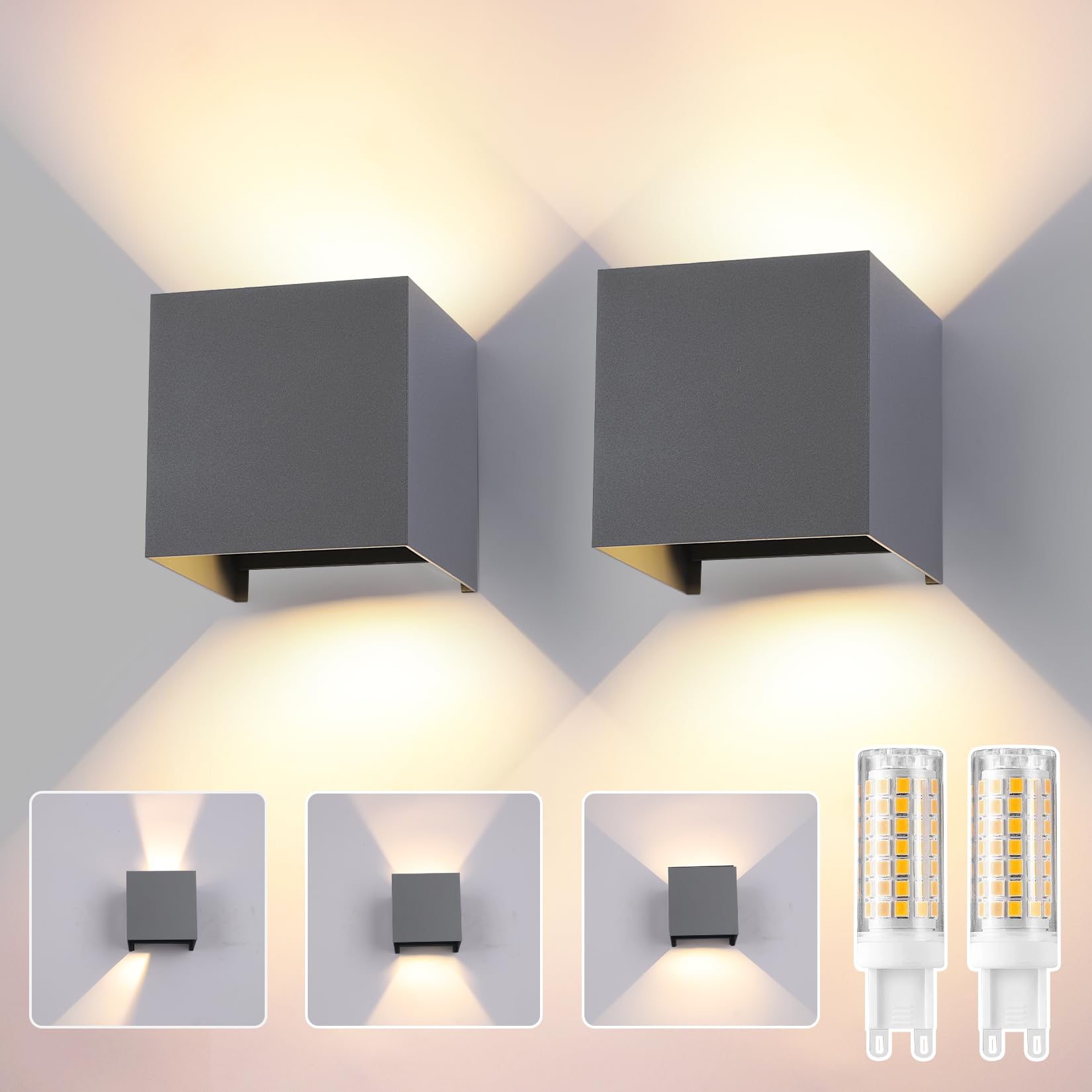 2 Pcs Aplique de Pared Exterior Interior Bombilla LED G9 Reemplazable IP65 Impermeable Lámparas de Pared 3000K Luz Cálido Apliques de exterior cuadrada de aluminio Ángulo de luz ajustable Antracita — view 33