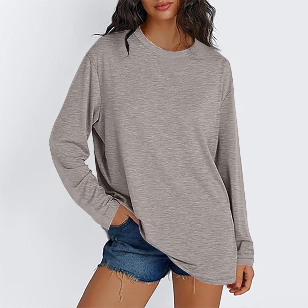FMCHICO Women's Long Sleeve Shirts Casual Loose Fit Tees Solid Color Oversized Basic Tops
