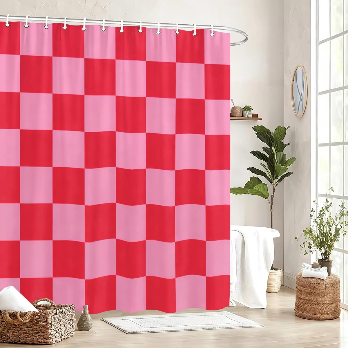 KELAIMI Pink Red Checkered Shower Curtain,Modern Farmhouse Aesthetic Retro Plaid Bathroom Curtains with Hooks,Machine Washable Quick-Dry Polyester Fabric Bathtub Curtains Pink 90X180Cm