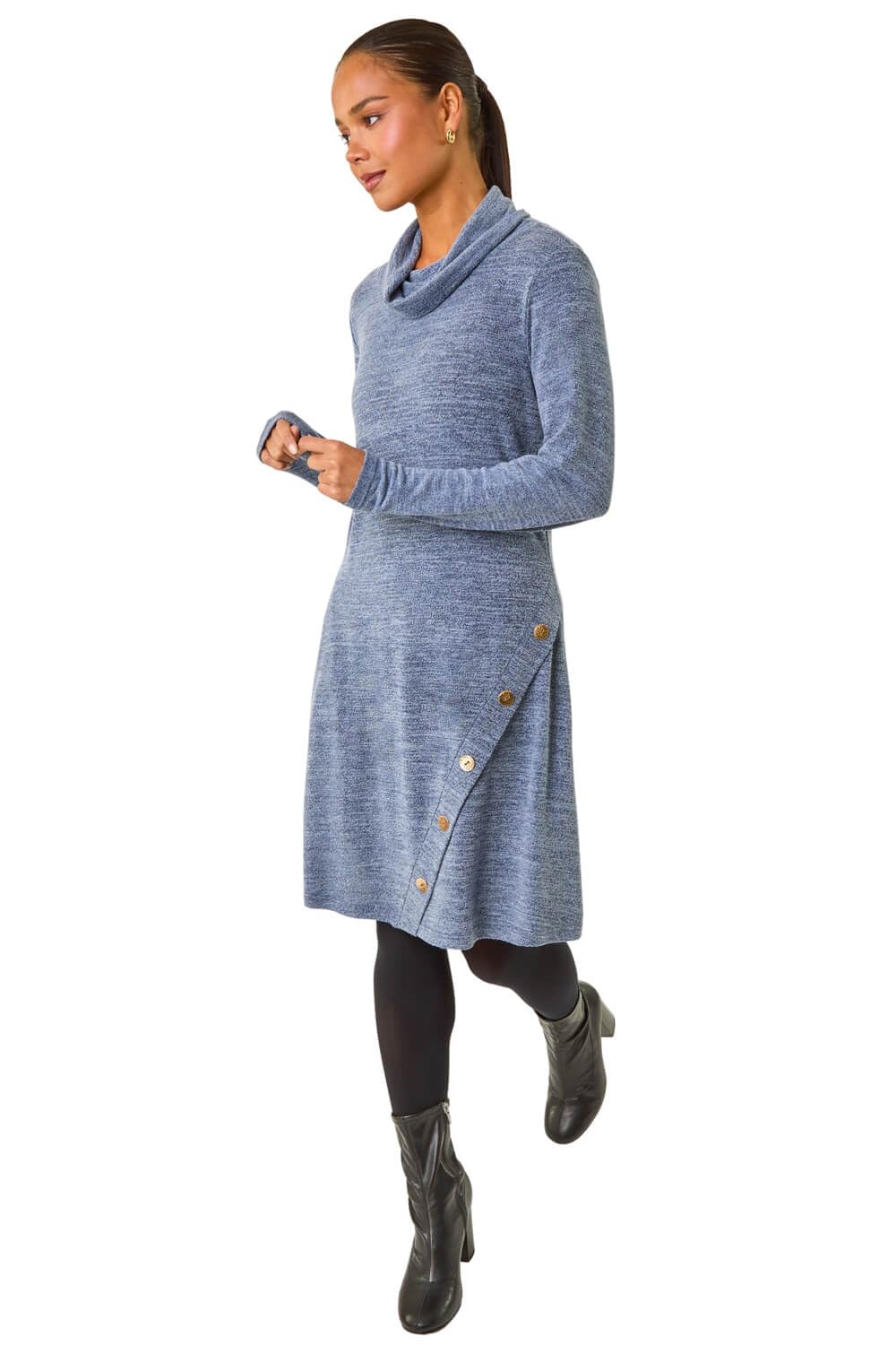 Roman Women's Blue Petite Soft Marl Buttoned Cowl Neck Dress In | : Size 14