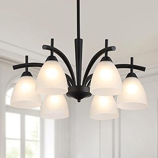Q&S Modern Farmhouse Black Frosted Glass Chandelier Rustic Kitchen Light...