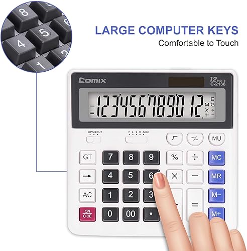 Miniatura 6 de Comix Calculadora de escritorio, pantalla LCD grande de 12 dígitos y teclas de computadora grandes, batería solar de doble alimentación, calculadora