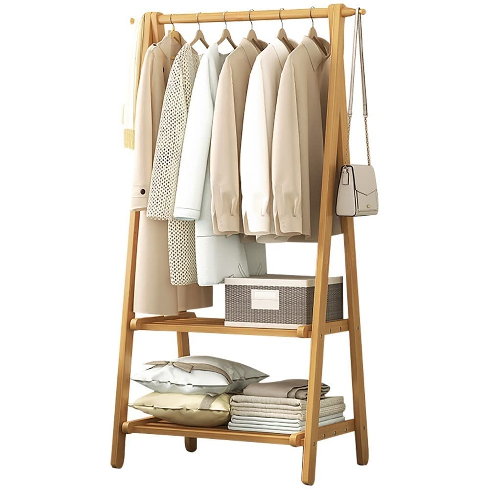 MYUYEE Wooden Clothes Rack, Freestanding Wooden Clothes Rack With Shelf/Hooks, Multifunctional Multi-Function Storage Rack, For Home Office Indoor, L: 66/86/116Cm(Primary Color-85Cm)