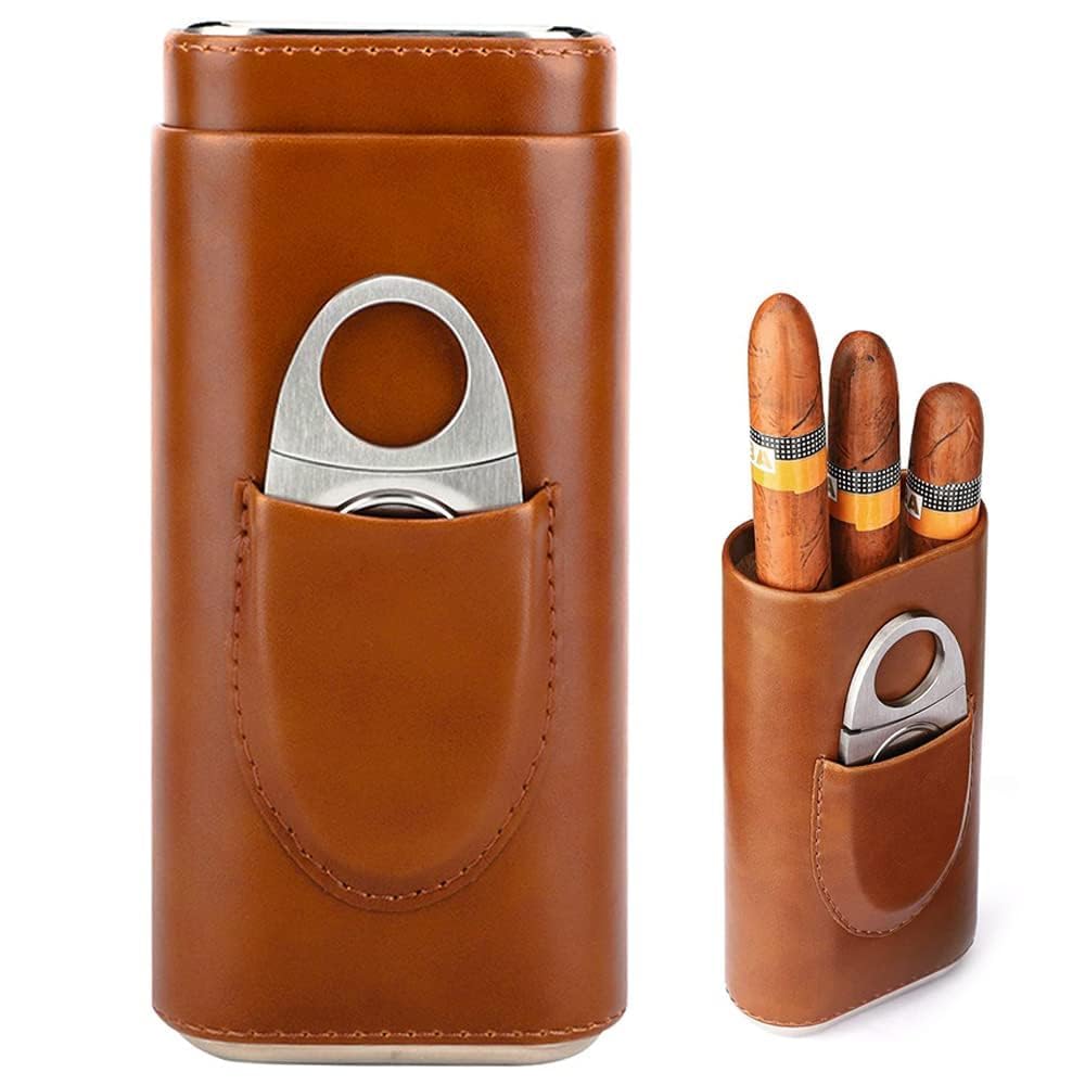 Zigarrenetui für 3 Zigarren, Leder Zigarren Etuis mit Zigarrenschneider aus Edelstahl, Leder Zigarrenetui, Zigarren Humidore, Tragbarer Humidor Zigarren für Reise Kurztrips (Braun)