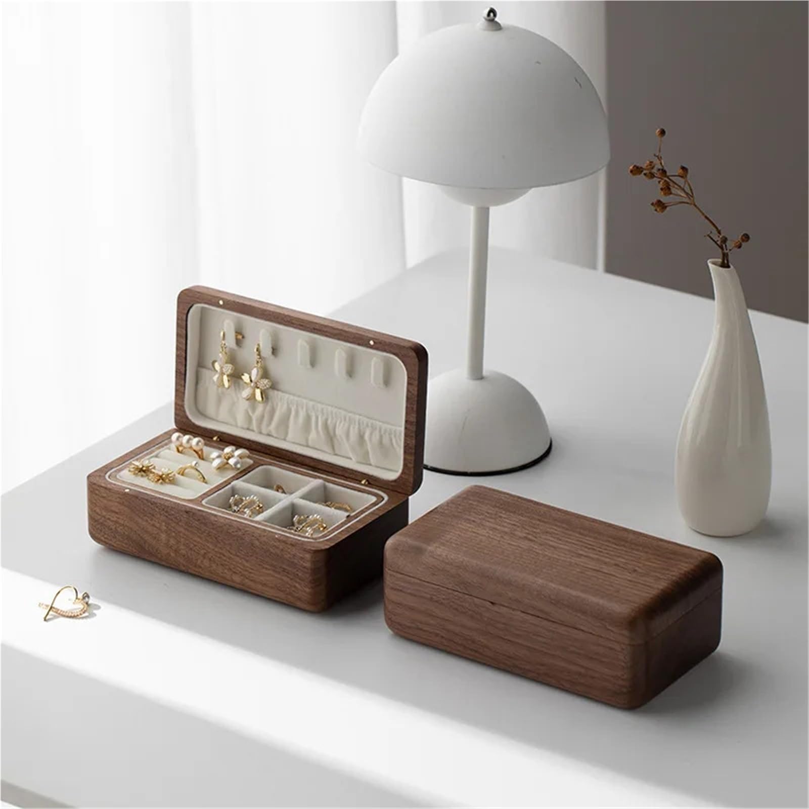 Generisch Contenitore a doppio strato per accessori, custodia in legno, collane, bracciali, orecchini, organizer, regalo di nozze, legno di noce nero (grigio interno)