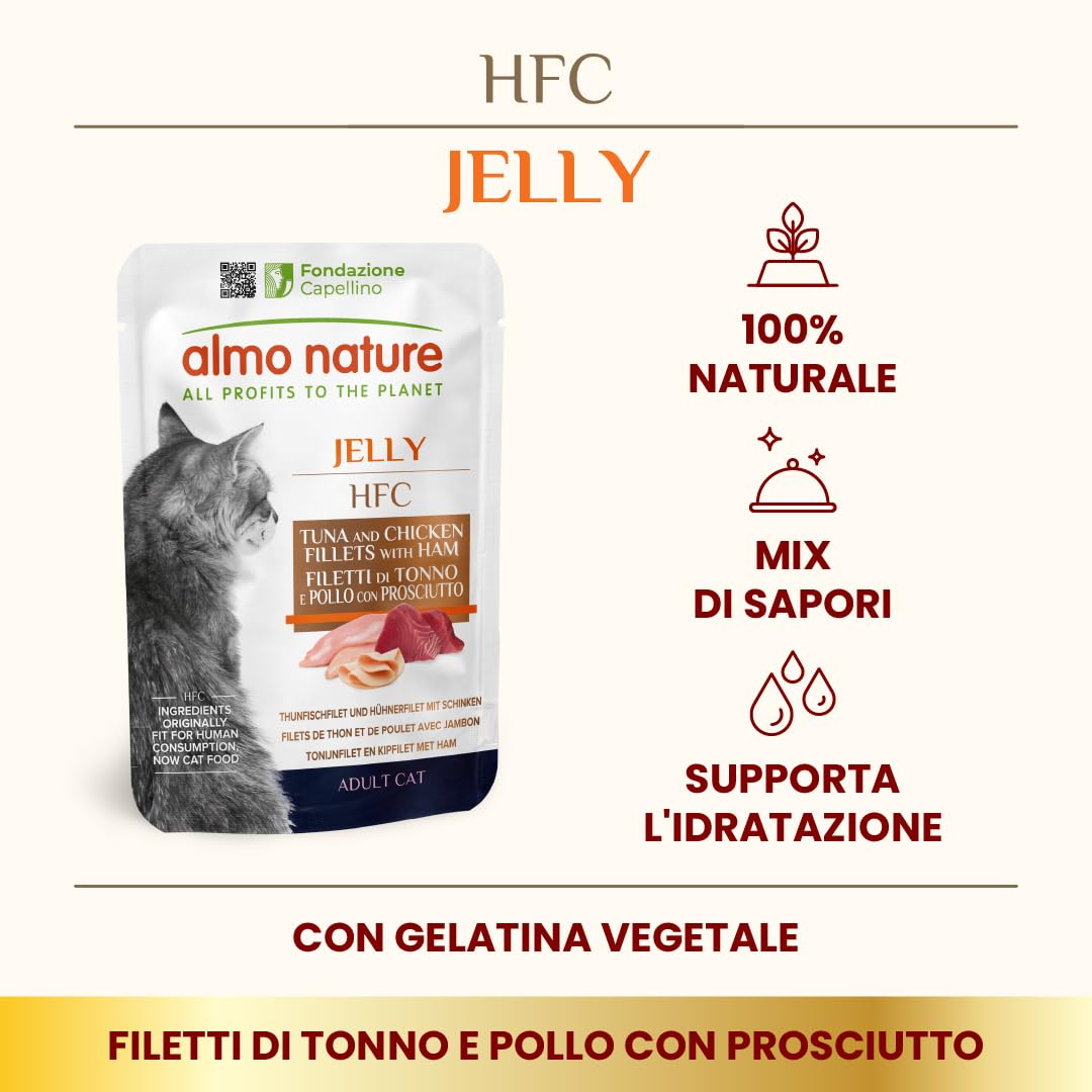 Almo Nature HFC Jelly - Alimento Umido per Gatti Adulti - Filetti di Tonno e Pollo con Prosciutto - Human-Grade, Gluten-Free - 55g (Confezione da 24)