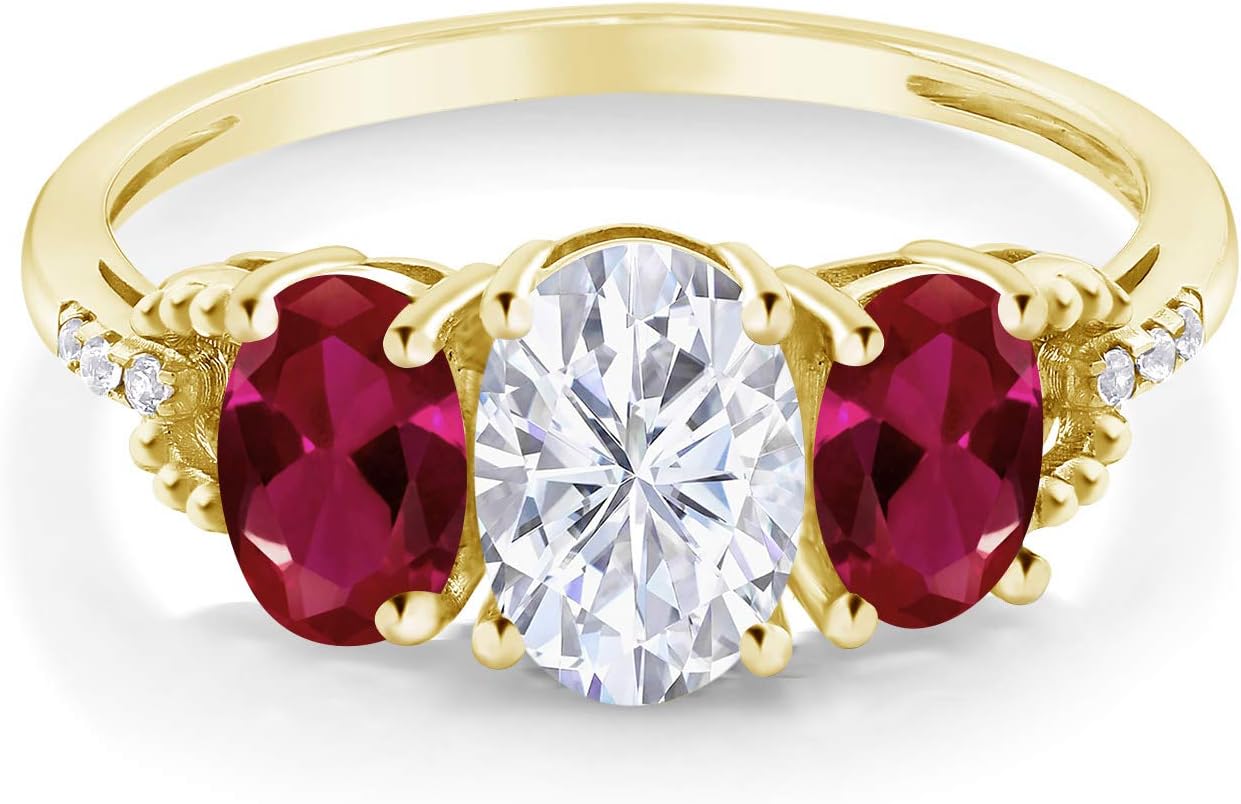 Gem Stone King 10K Yellow Gold Red Created Ruby White Moissanite and Diamond Accent 3-Stone Engagement Ring For Women | 1.92 Cttw | Wedding Engagement Anniversary Promise Ring For Women