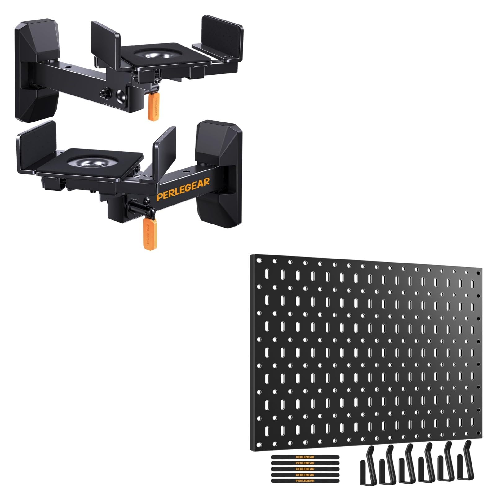 Perlegear Speaker Wall Mounts, Pre-Assembled Bookshelf Speaker Wall Mount with Cushioned Tilt Knob Metal Pegboard, 20 lbs Max Load, Wall Organizer with 6 Hooks & 5 Hook & Loop Strips