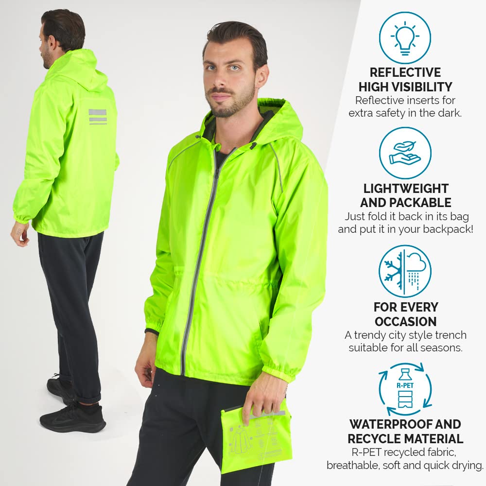 PERLETTI Chubasquero Hombre Cortaviento Ligero con Cremallera - Impermeable Hombre con Capucha Detalles Reflectantes - Chaqueta Trench Deporte Transpirable Waterproof Reutilizable Hombres