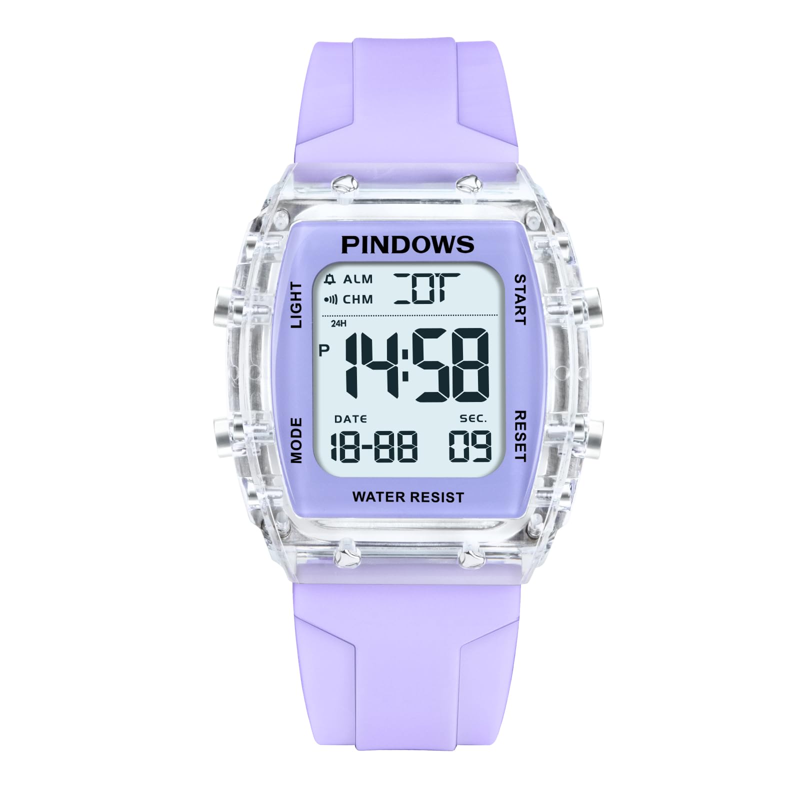 PINDOWS Digitale Sportuhr für Damen, transparentes Gehäuse, helles LED-Licht, 5 ATM wasserdicht, Stoppuhr-Alarm, Dualzeit, stilvolle Uhr für aktive Damen und Teenager