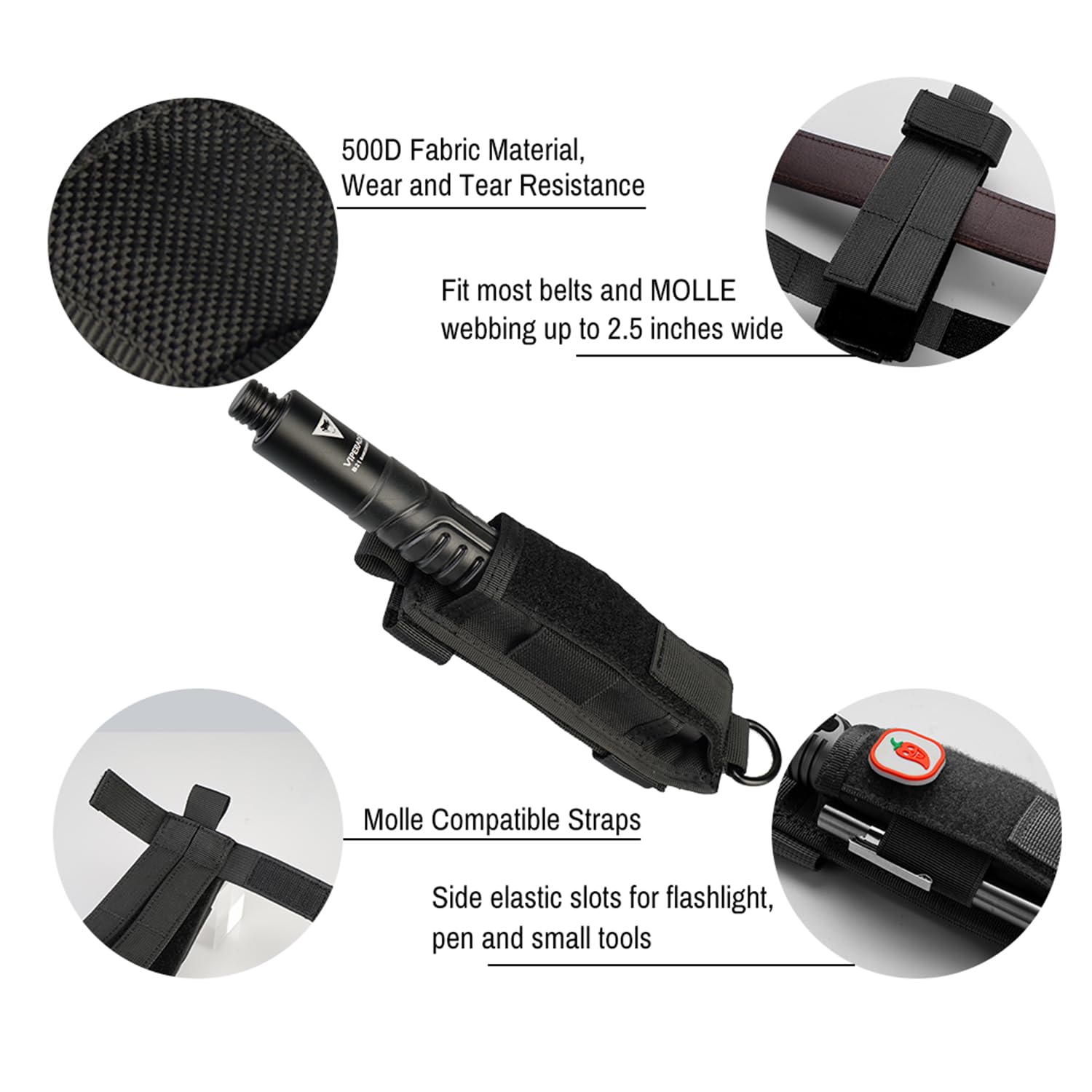 VIPERADE MOLLE flashlight bag, flashlight holder for the duty belt, nylon flashlight holster Molle bag for horizontal and vertical carry, universal fit for standard size flashlights