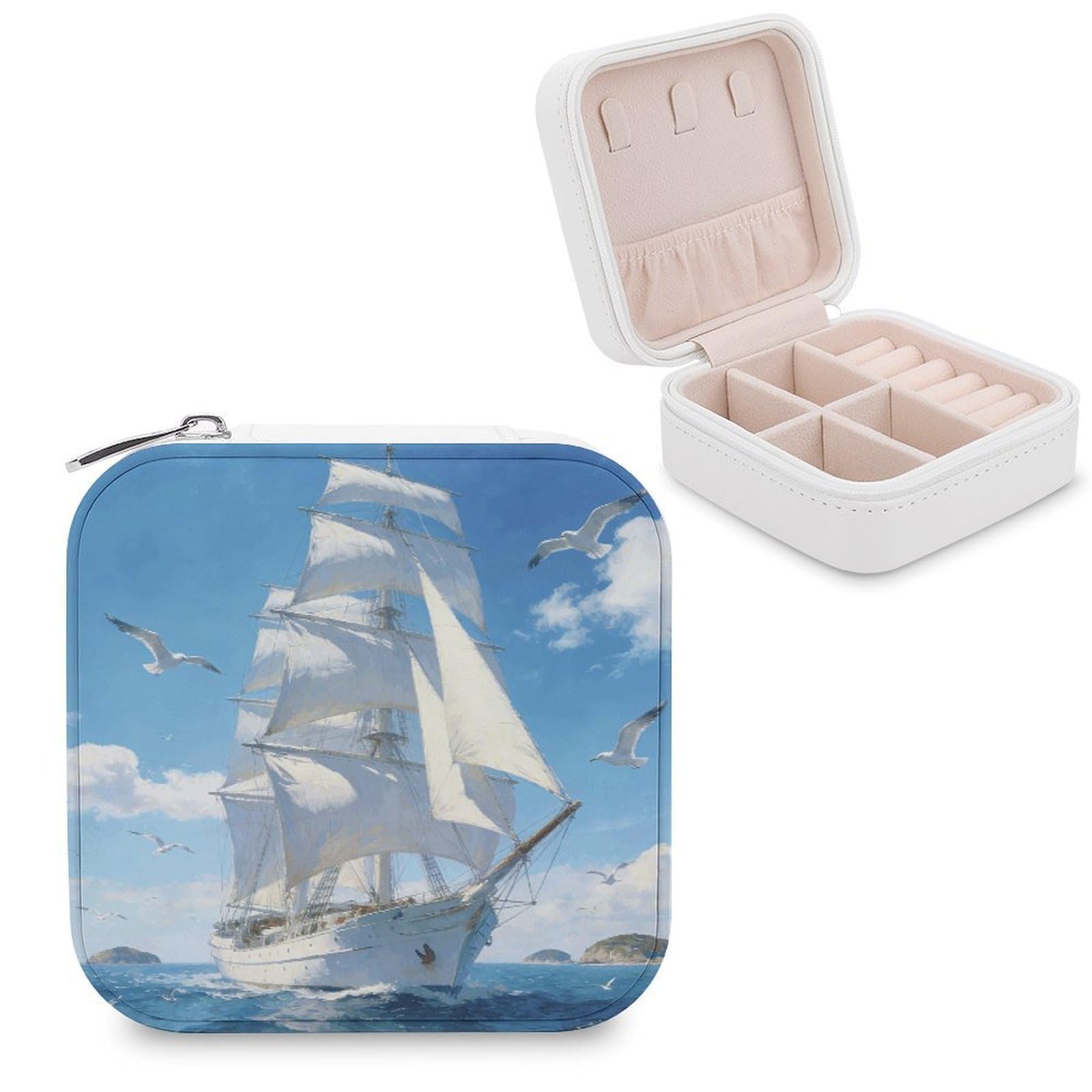 MUSM Sailing in The Sea Travel Jewelry Case Personalized PU Leather Jewelry Boxes for Women Small Portable Jewelry Organizer Box Cute Trinket Box for Necklaces Rings Earrings & Gifts