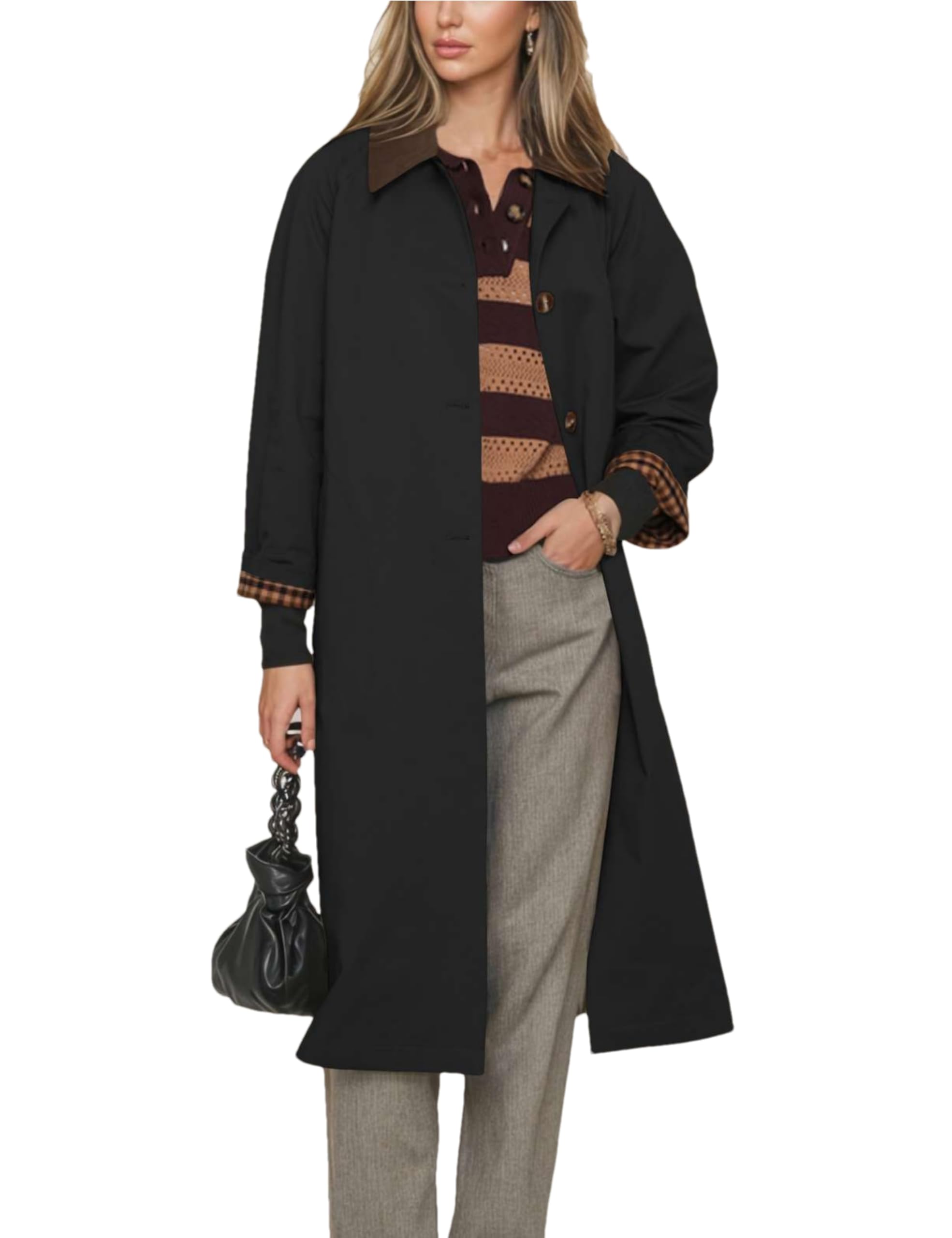Mingzhu Womens Color Contrast Linen Trench Coat Single Breasted Windproof Overcoat Classic Lapel Long Jacket