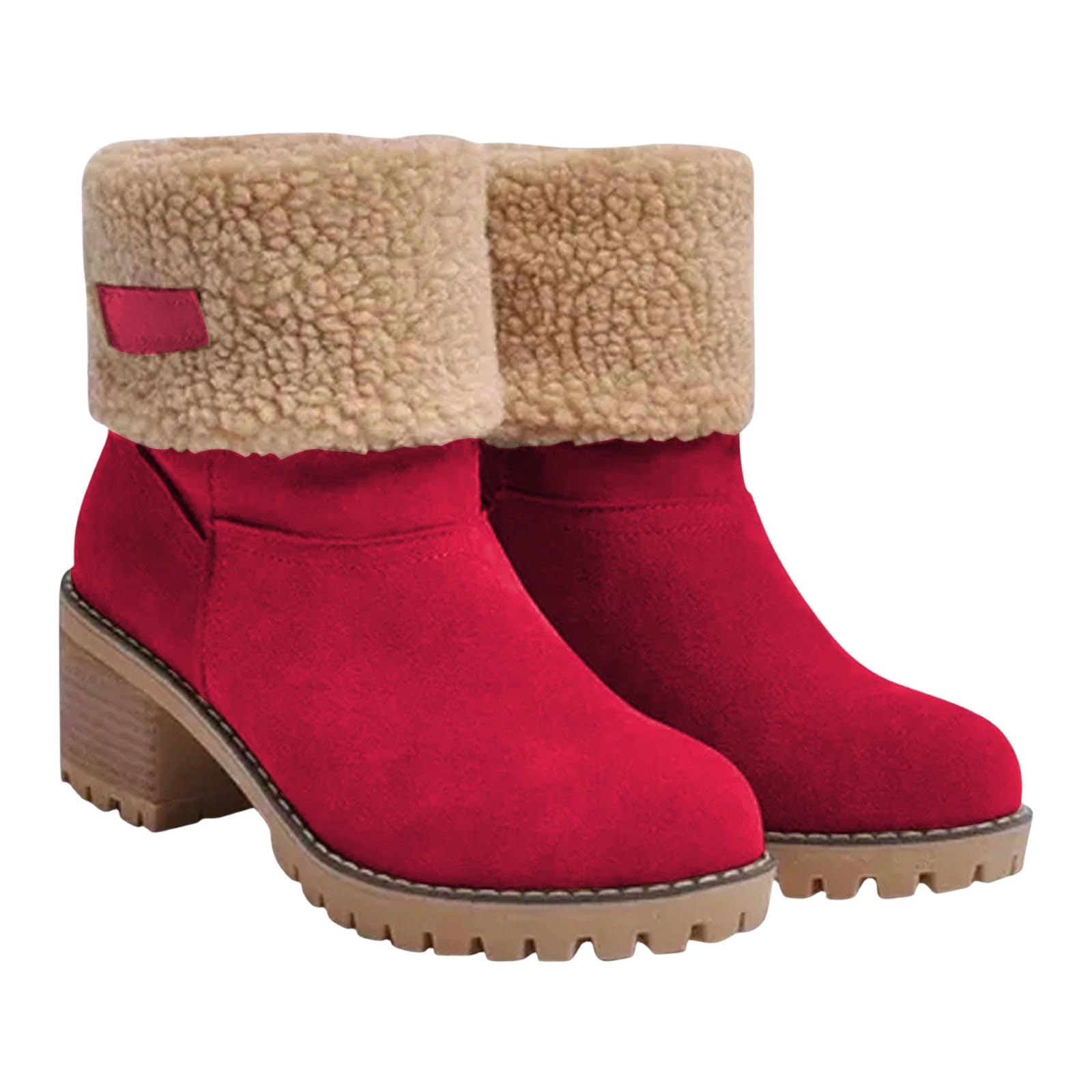 Winter Boots for Women, Fur Lined Warm Snow Boot Mid Chunky Heel Suede Ankle Boots Vintage Round Toe Slip On Short Booties Comfortable Outdoor Shoes