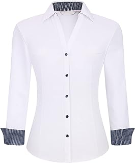 WARHORSEE Womens Button Down Shirt Long Sleeve Work Dress Shirts, V Neck Easy Care Stretchy Business Casual Blouses for Women