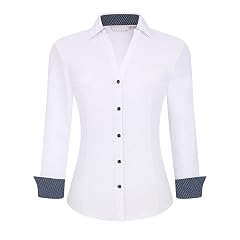 WARHORSEE Womens Button Down Shirt Long Sleeve Work Dress Shirts V Neck Easy Care Stretchy Business Casual Blouses