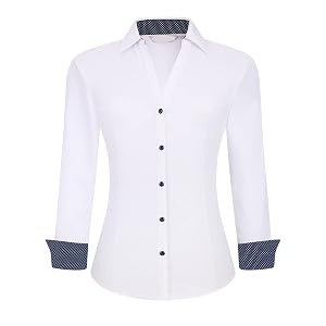 WARHORSEE Womens Button Down Shirt Long Sleeve Work Dress Shirts V Neck Easy Care Stretchy Business Casual Blouses