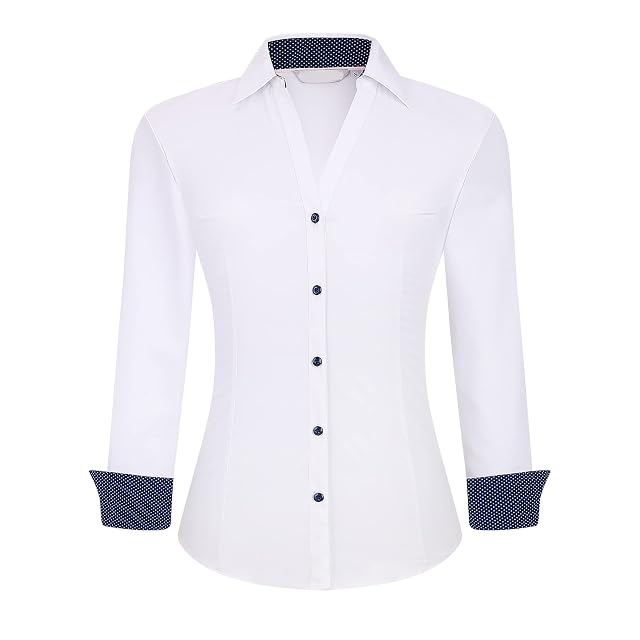 WARHORSEE Womens Button Down Shirt Long Sleeve Work Dress Shirts V Neck Easy Care Stretchy Business Casual Blouses