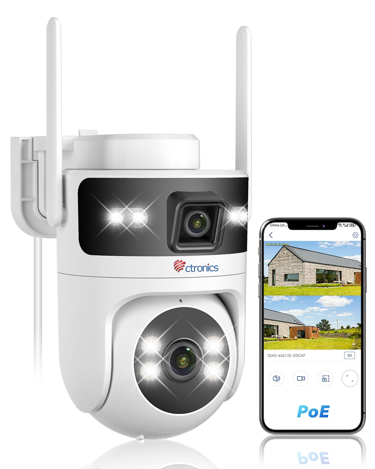 Ctronics Camara Vigilancia WiFi Exterior con Doble Lentes | 2.4/5GHz Cámara IP, PoE Camaras con Detección Humana & Seguimiento Automático, Visión Nocturna Color, PC/Cloud/TF, IP66