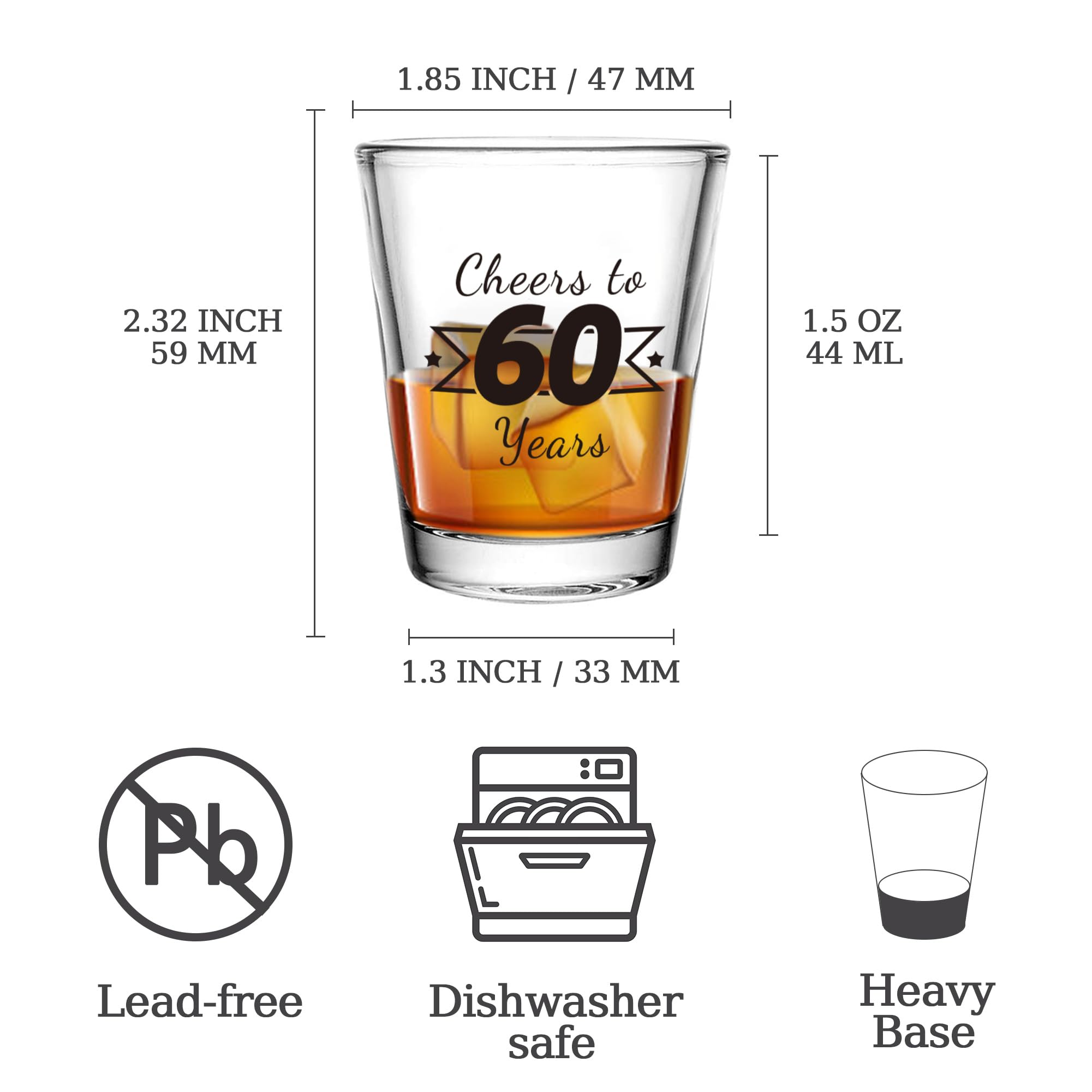 Juego de 6 vasos de chupito de 60 cumpleaños, vasos de chupito transparentes de 1.5 onzas con base pesada, decoraciones de cumpleaños para mujeres, hombres, divertidos regalos de cumpleaños,