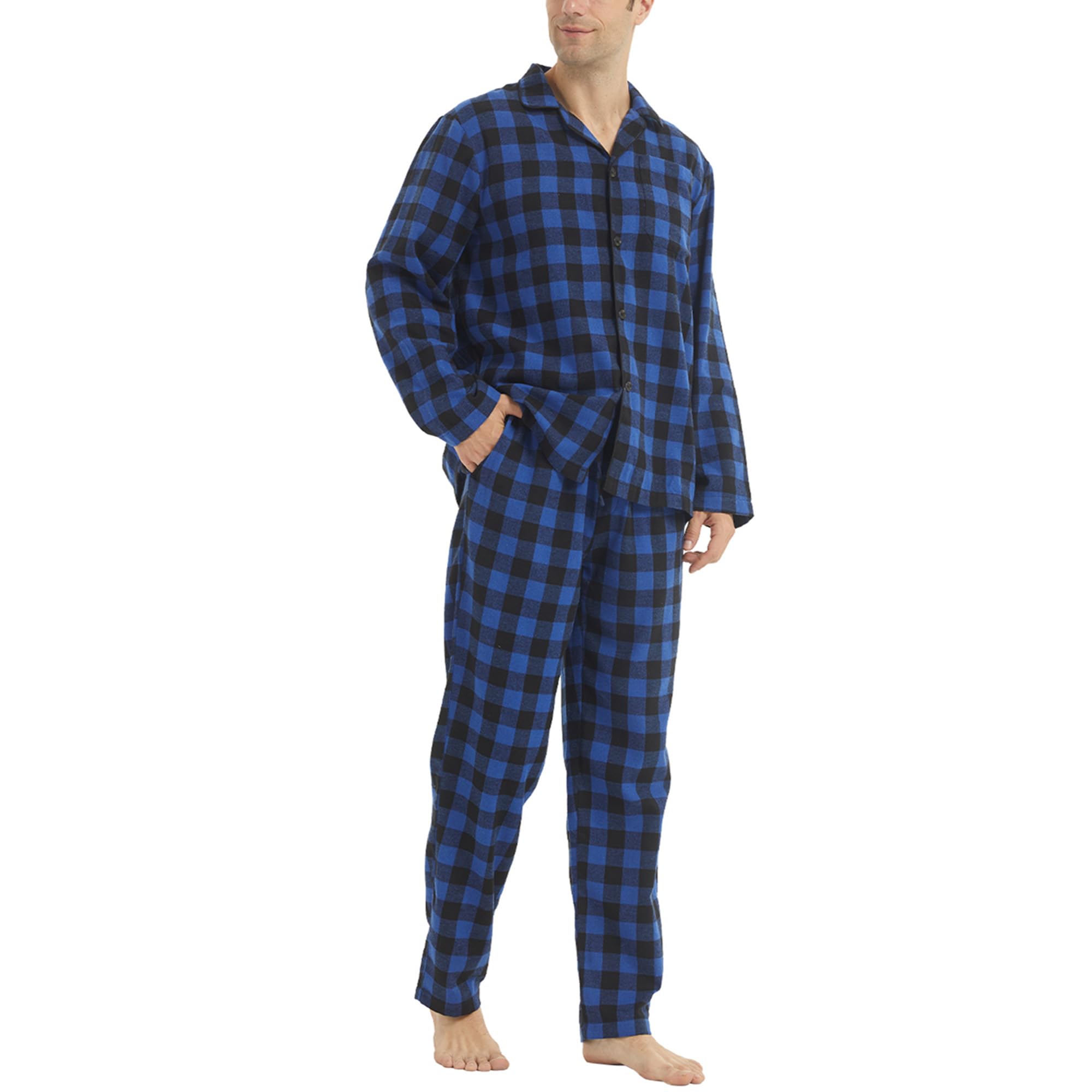 LNFINTDO Mens Flannel Pyjamas Set Cotton Checked Lounge Wear with Pocket Long Sleeve Top a...