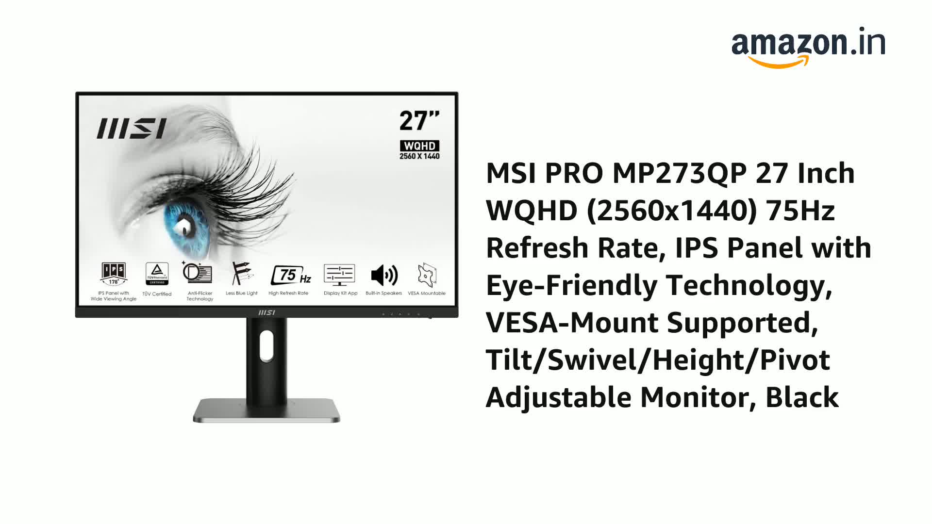 MSI PRO MP273QP 27 Inch WQHD (2560x1440) 75Hz Refresh Rate, IPS