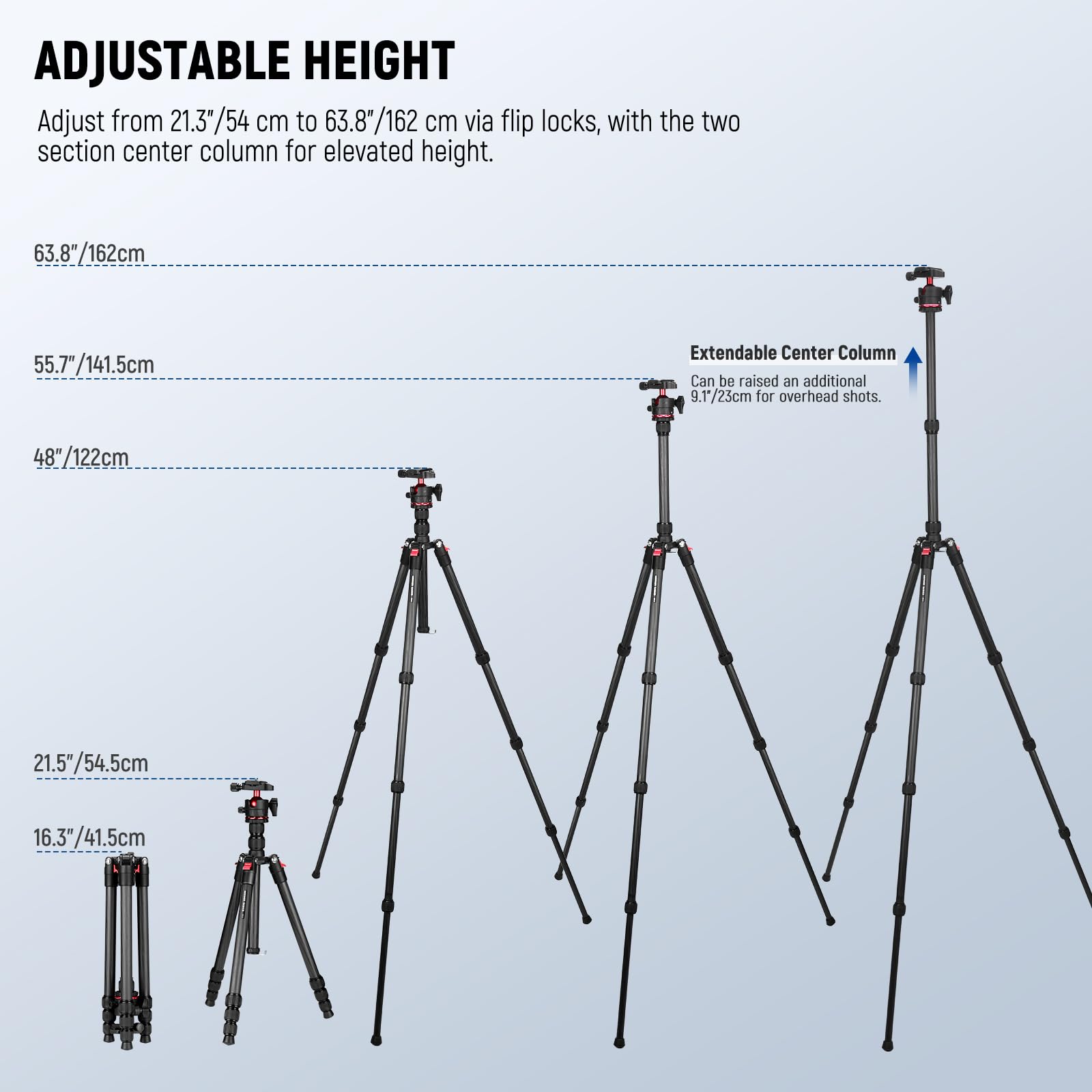 NEEWER BASICS Fibra Carbono Trípode Viaje Travel Tripod, 64"162cm Portátil Compacto Ligero Cámara Vídeo Soporte Rótula Arca & Soporte Móvil, Compatible con iPhone Grabación Vídeo, Carga Máx 6kg, TP17