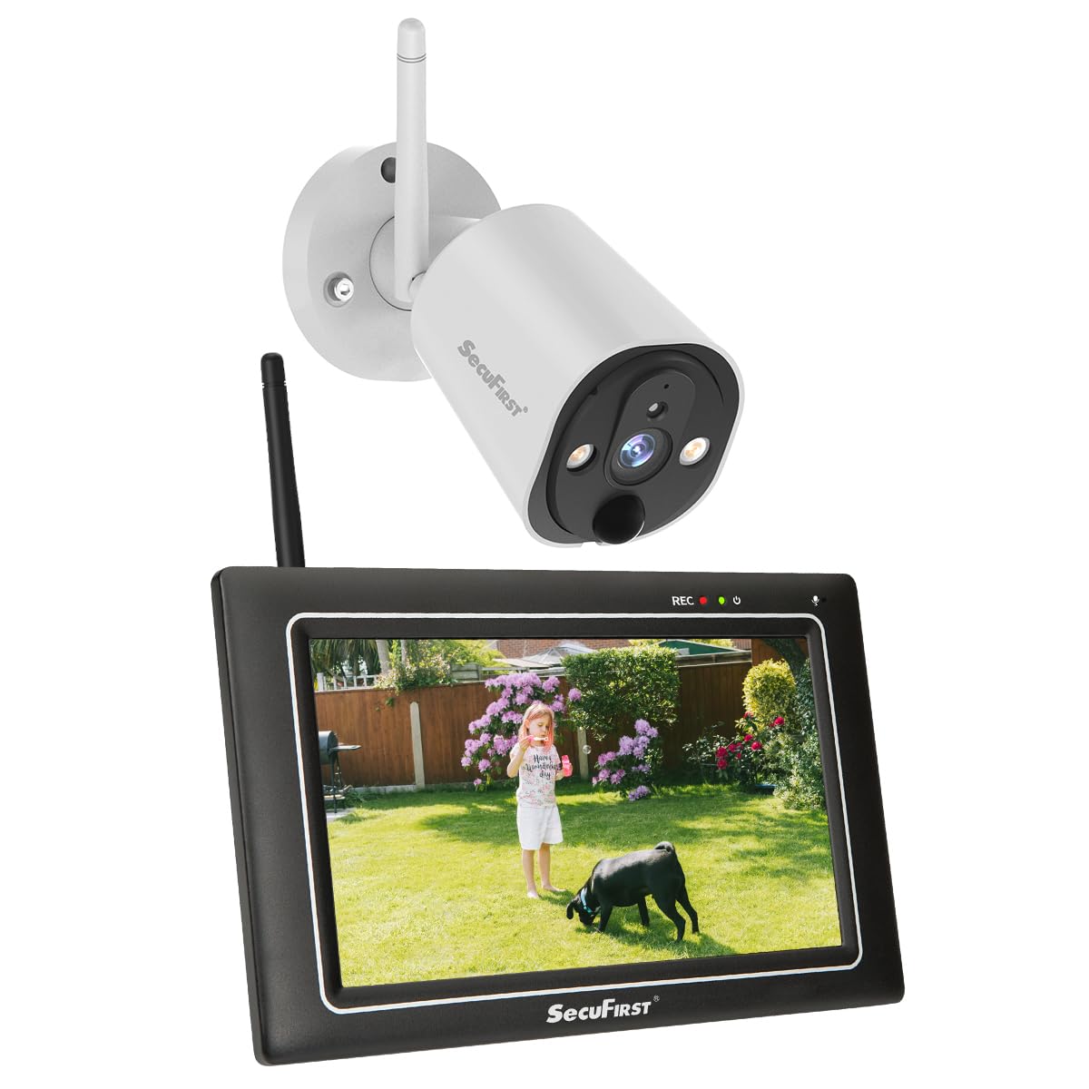 SecuFirst Kit Telecamere Videosorveglianza Esterno,Con monitor Touch Screen da 7",Lavora senza wifi,2K telecamere senza fili da esterno.64 GB di memoria,Nessun costo di abbonamento.