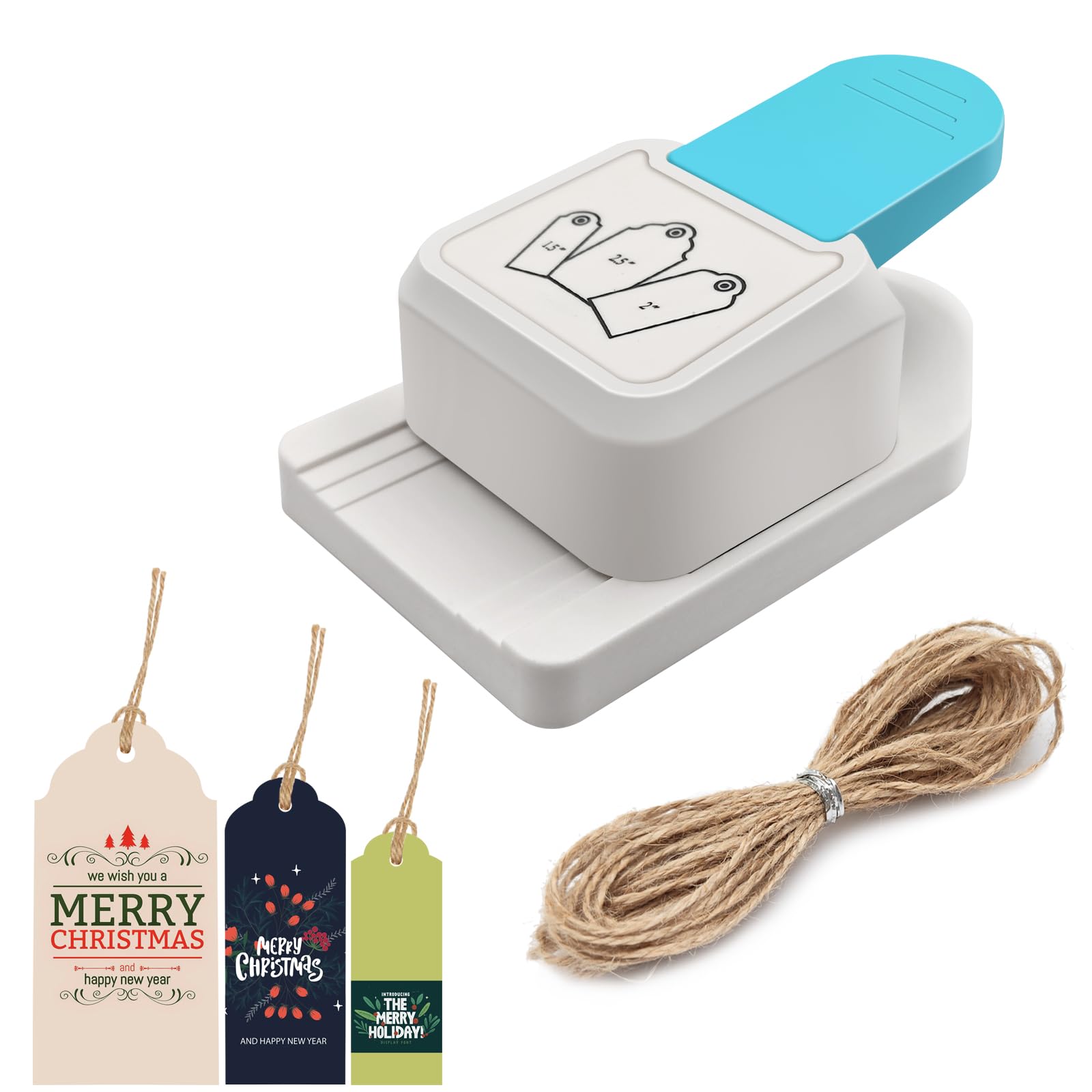 3 in 1 Craft Tag Punch Gift Tag Paper Punch，Paper Craft Tag Punch 1.5" 2" 2.5" with 1 Roll Hemp Rope 32.8 Feet Round Shape Small Hole Punch for Paper Crafting Scrapbooking Cards DIY Arts Crafts