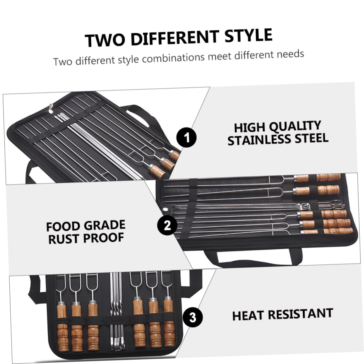 Spiedini Barbecue in Acciaio Inossidabile, 10 Pezzi | Impugnatura in Legno, Borsa per Riporli, per Grigliate Outdoor e Barbecue