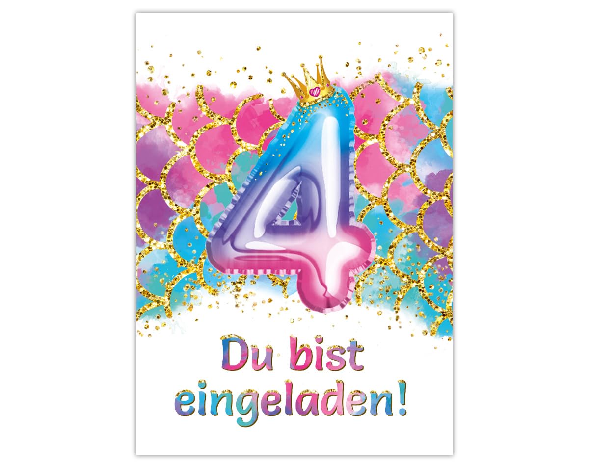 Junaversum 8 Einladungskarten zum 4. Kindergeburtstag Meerjungfrau Mädchen Mädchengeburtstag Einladungen vierte Geburtstag Kinder