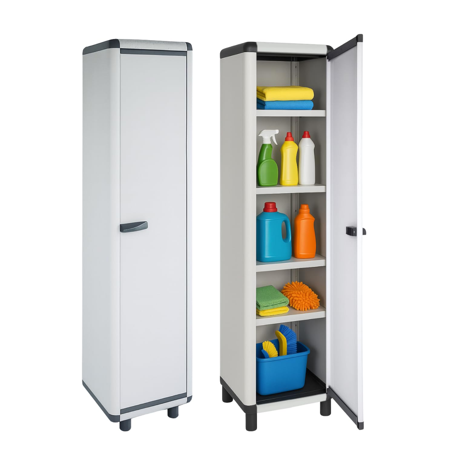 PALUPLUS Ripostiglio a 1 Anta in Resina di colore Grigio, Misura 39x39x175 cm, Armadio Alto con 5 Ripiani Multiuso, Mobile da esterno con piedini antiscivolo, Made in Italy -012F