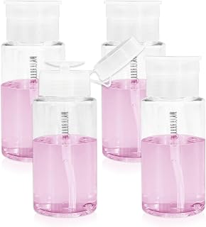 4 Pack Empty Push Down Pump Plastic Bottle Dispenser, Alcohol Pump Dispenser Bottle with DIY Labels for Nail Polish Remover,Facial Toner, 150ML