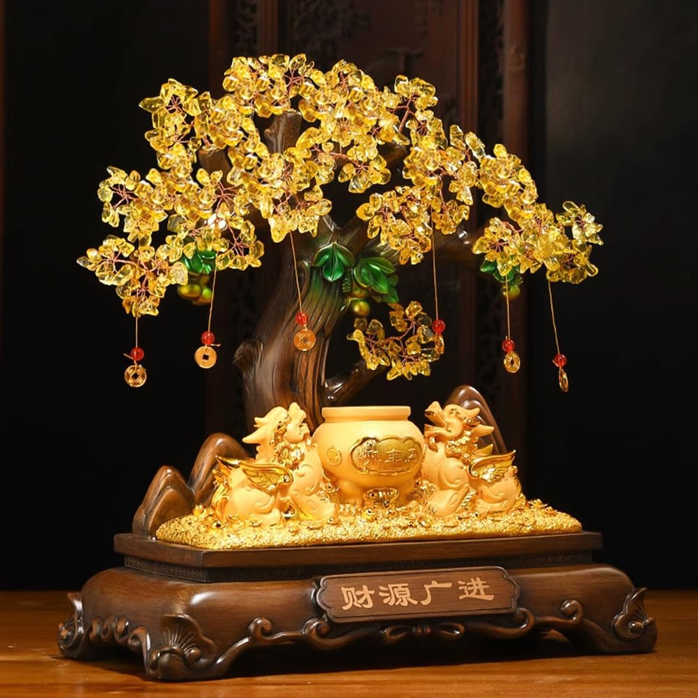 Drzewo pieniędzy Feng Shui Decor Chińska roślina pieniędzy dla bogactwa Dobrobyt, cytrynowy kamień Bonsai Powodzenia Ozdoba Feng Shui do dekoracji domu i biura, prezent,Medium