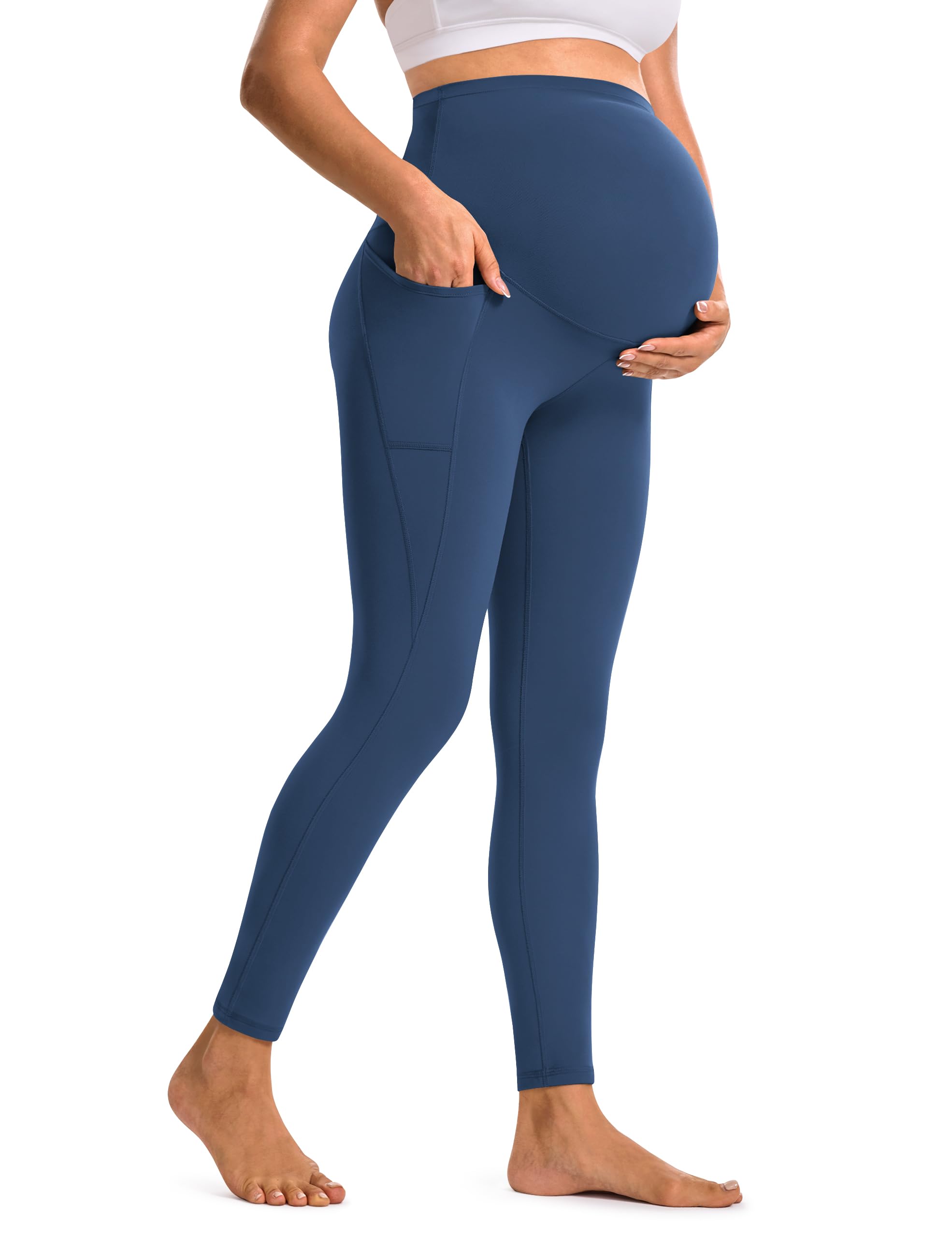 Baydi Women's Prussian Blue Clouduxi Maternity Leggings With Pockets Over The Belly 25" - Buttery Soft Yoga Workout Active Pregnancy Pants