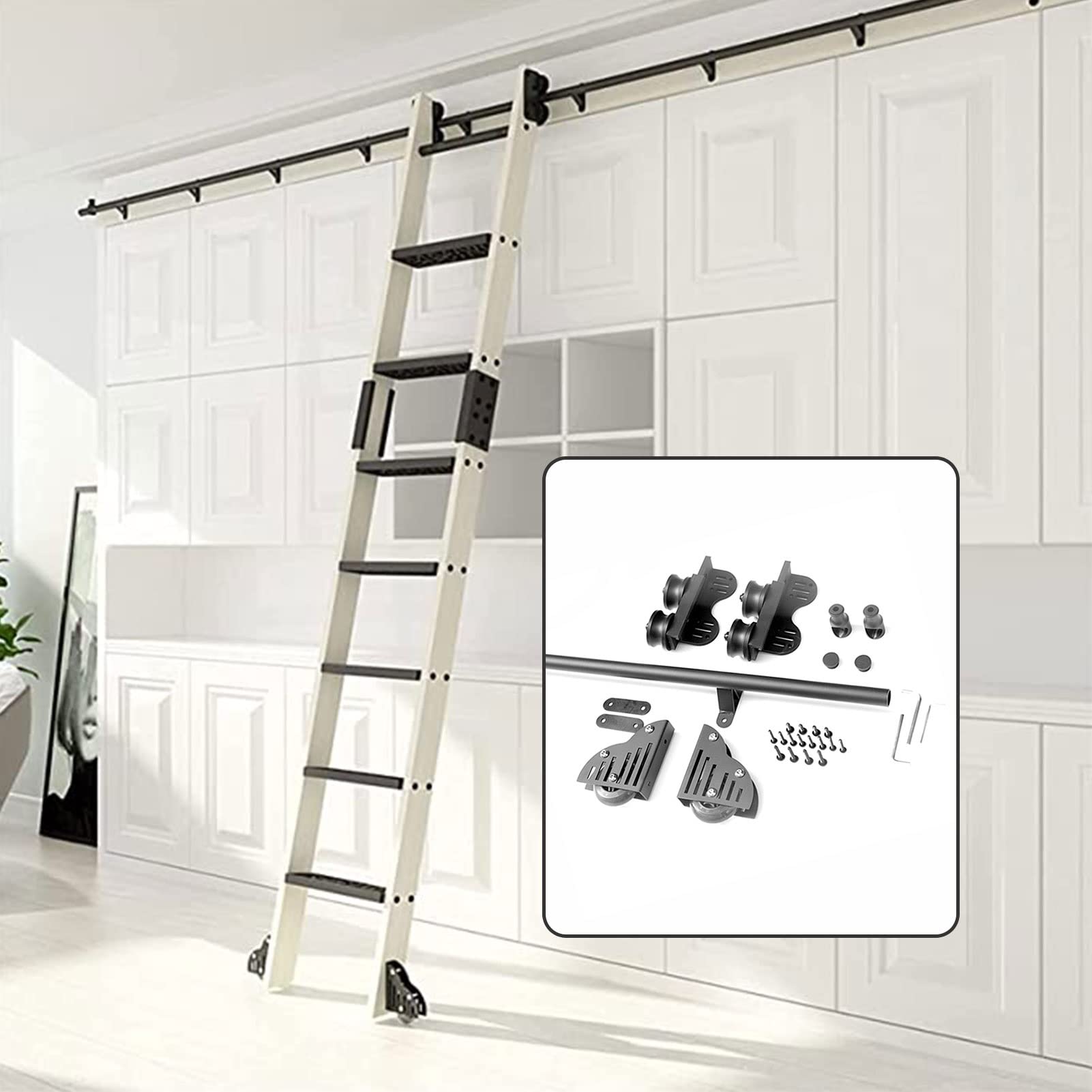Rail d'échelle mobile MiroDo en tube rond avec extension pour quincaillerie loft