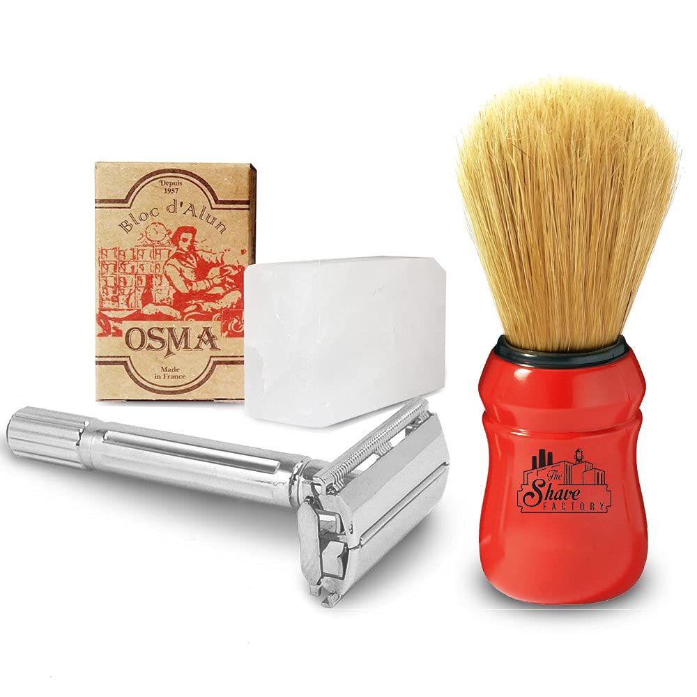 The Shave FactoryPremium Shaving Set with Omega Shaving Brush, Bloc Osma Alum Stone and The Shave Factory Safety Razor