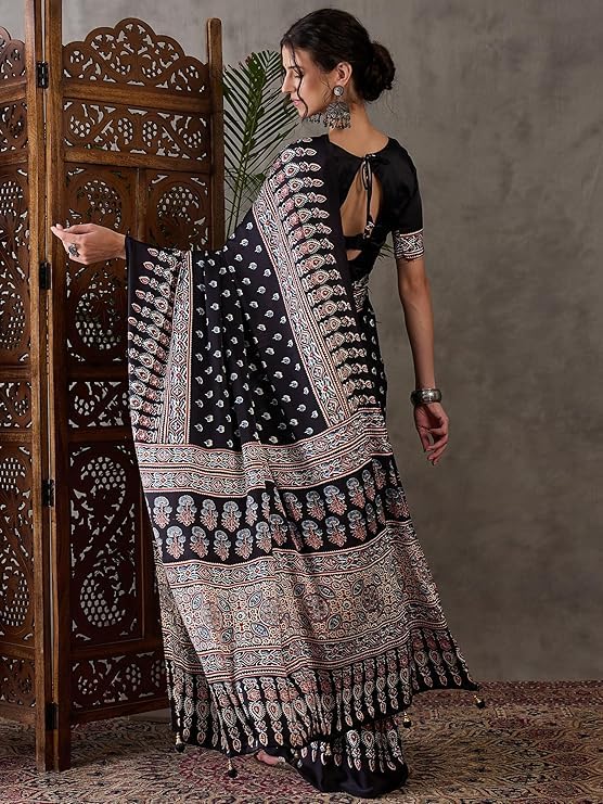 Image of SATIKA VASTRAM Modal Silk Ajrakh Saree Bandhani Design Crepe Printed Designer Pallu Attach Blouse Piece
