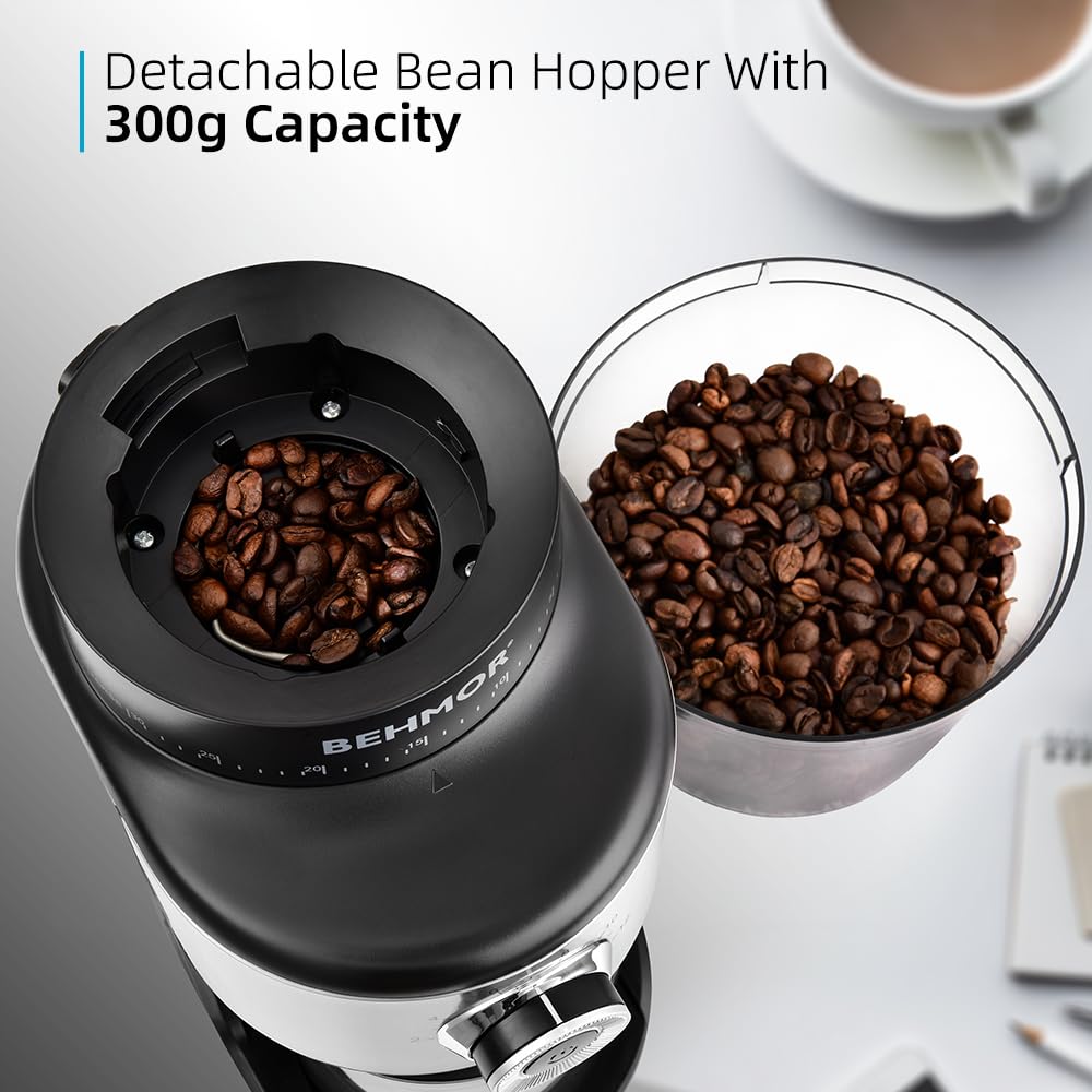 Coffee Grinder, Behmor Ideal Conical Burr Grinder, 30 Grind Settings, 2-12 Cup Capacity, 300g Bean Hopper, Low Noise, Auto Bean Closure