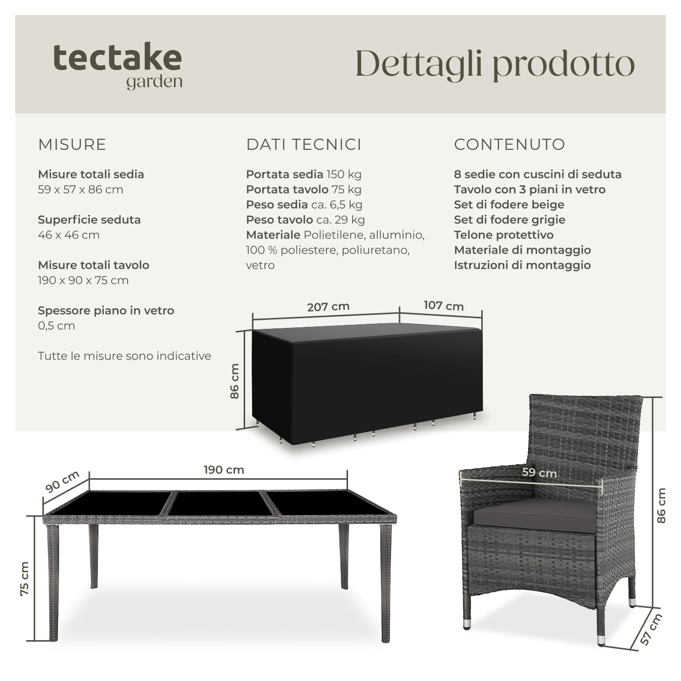 tectake Zestaw Mebli Ogrodowych 8 Krzeseł i Stół z Blatem Szklanym Rattan Szary