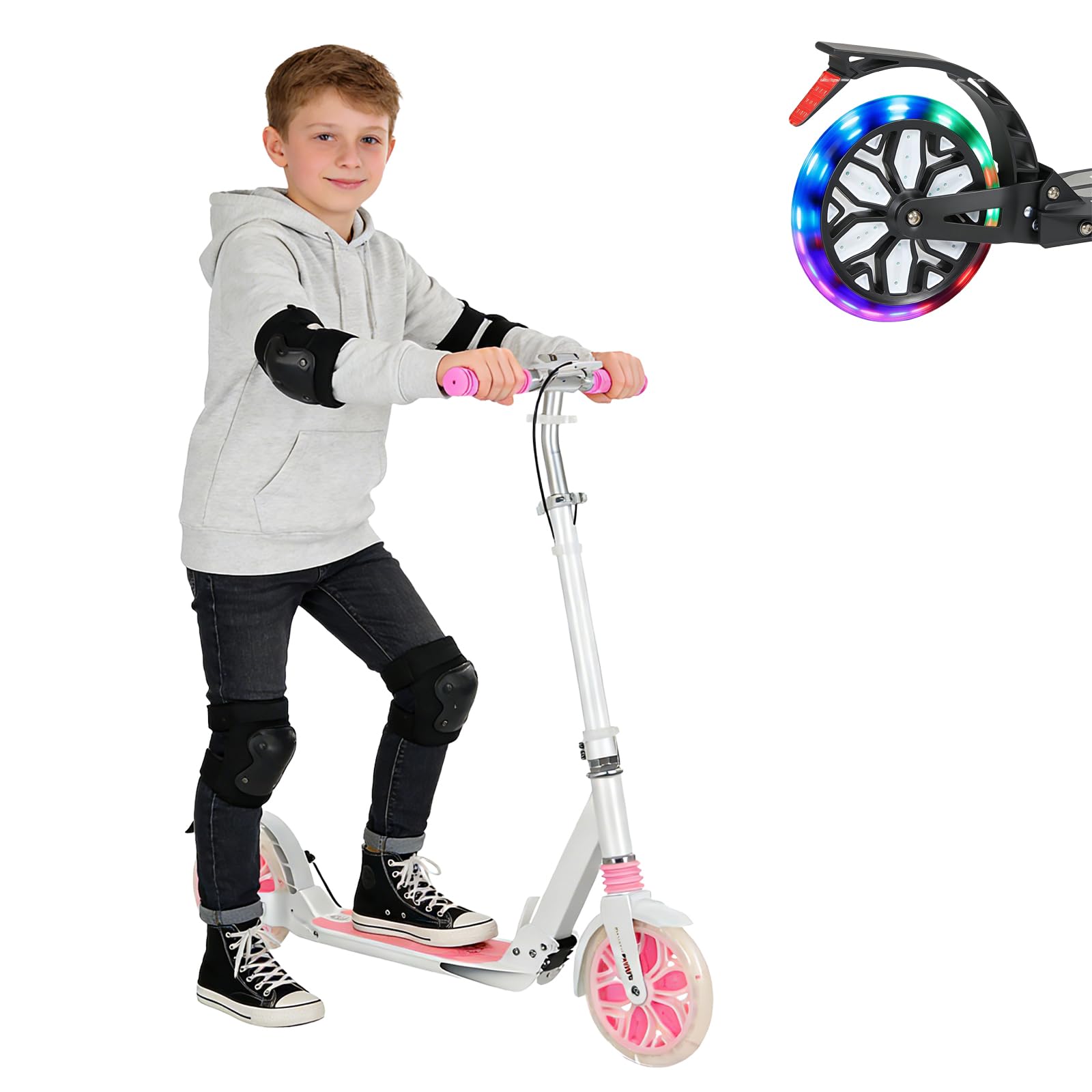 Kick Scooter for Ages 13+, Teens and Adults. Led Light Up Wheels, 4 Levels Adjustable Handlebar, Dual Brakes, Anti-Slip Pedal, Foldable 8in Big Wheels for Kids (300lbs)