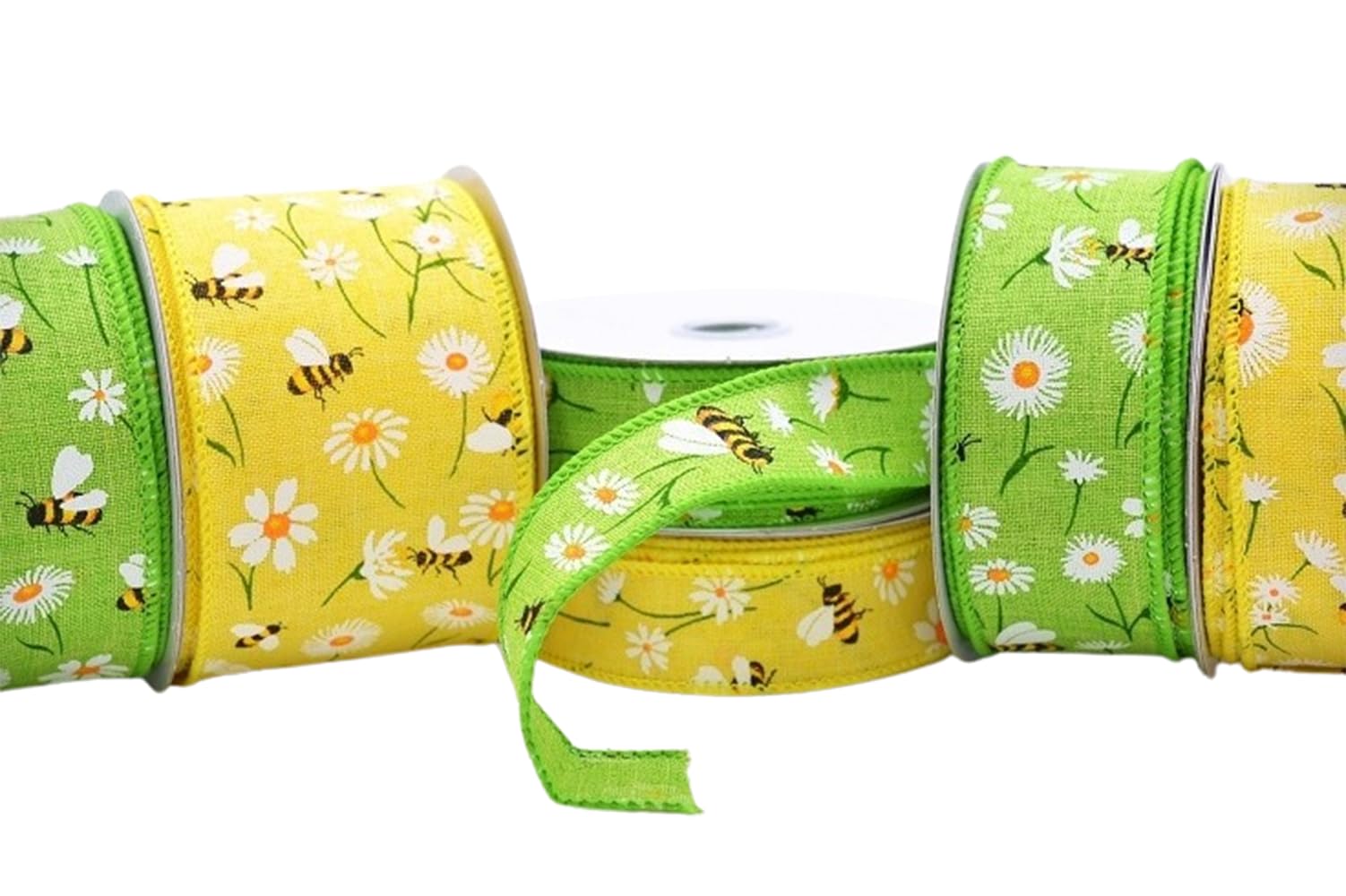 25mm, 38mm, 63mm Wide Woven Wired Edge Spring Summer Bumble Bee & Flowery Ribbon in Yellow or Green (Yellow, 10 Metre Roll x 25mm)