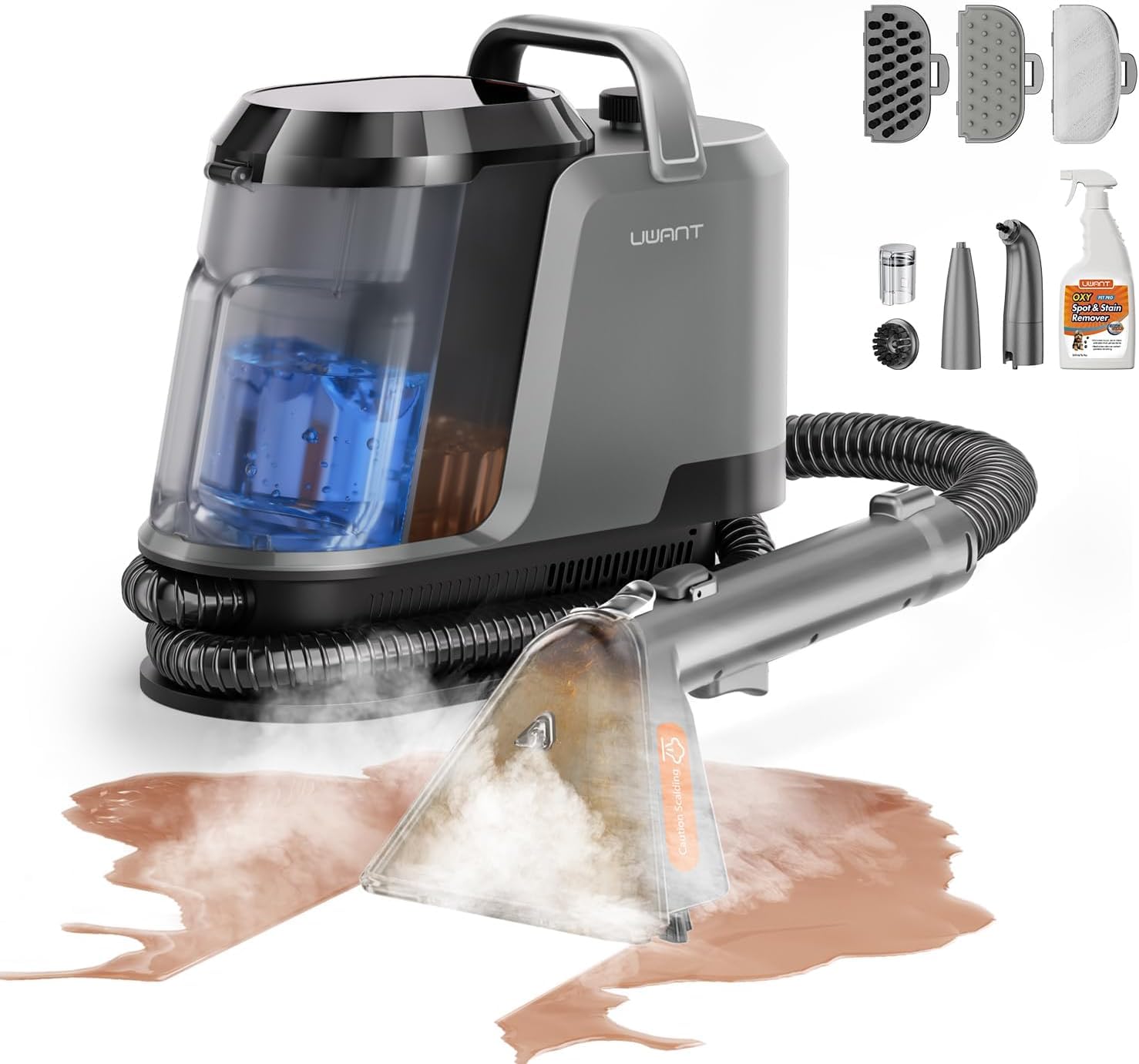 Uwant Carpet Cleaner Machine with Steam&amp;Hot&amp;Cold Water Models, 18KPa Powerful Suction, Multi-Purpose Upholstery Cleaner for Carpet, Stairs, Sofa &amp; Pet Messes, Portable Carpet Steam Cleaner Set of 1