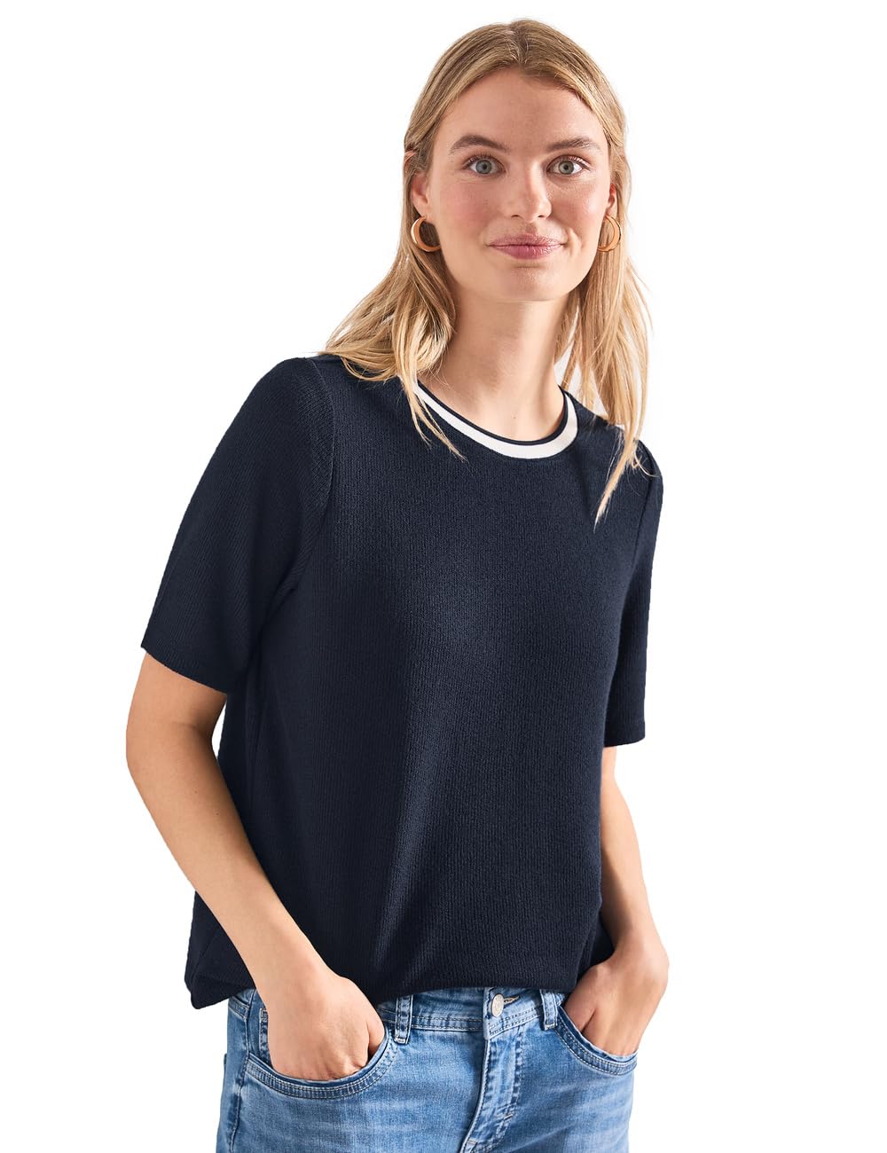 Street One Women's 3231018 T-Shirt in Knitted Look with Crew Neck (Pack of 1), Darkest Blue, 8