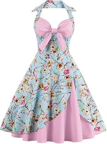 1950s Dresses for Women Vintage Halter Polka Dot Floral Print Swing A Line Midi Dress Cocktail Party Prom Gown