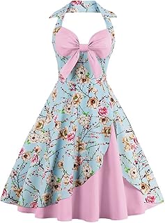 Women Vintage Polka Dot 1950s Rockabilly Halter Audrey Dress Retro Floral Evening Cocktail Swing Dress