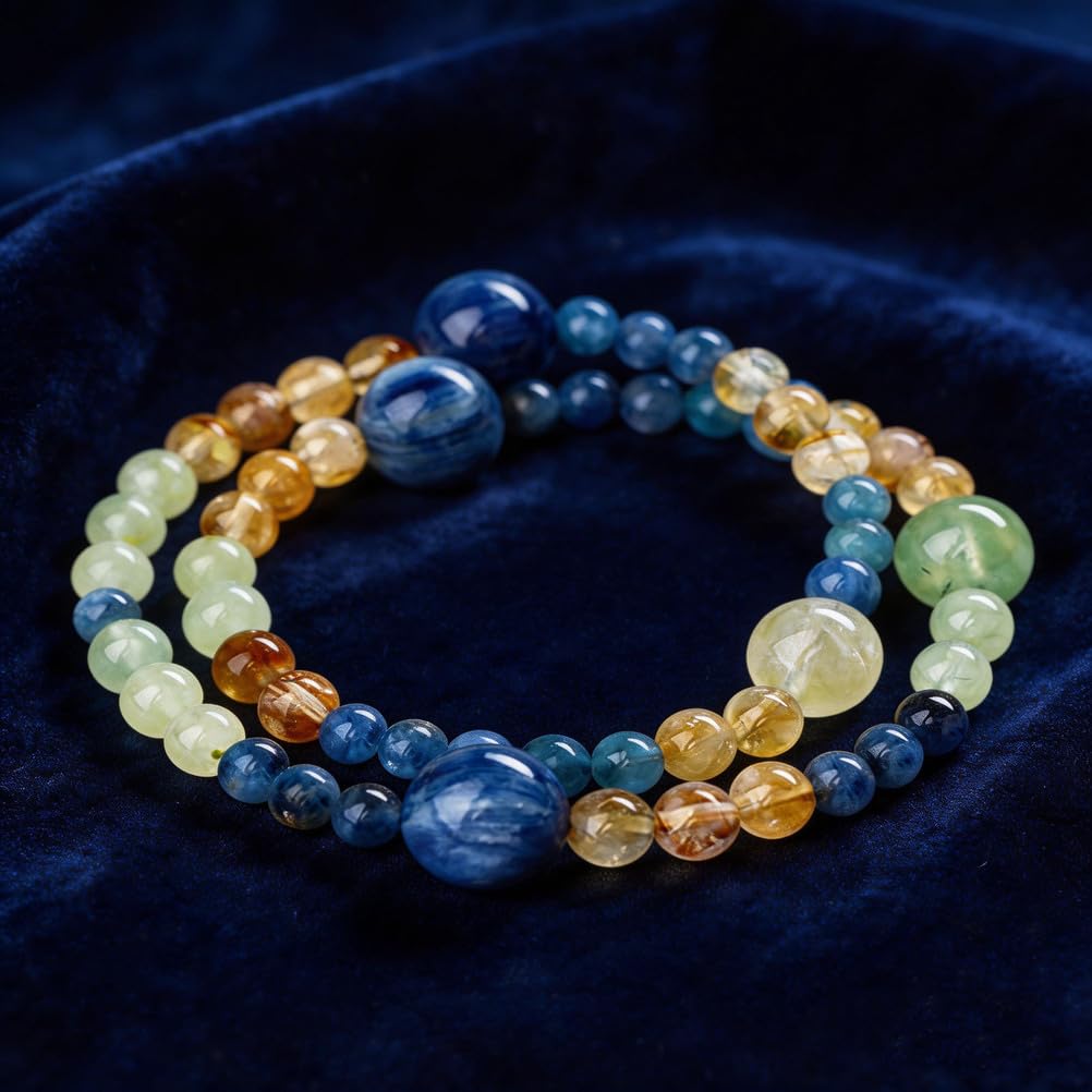 Bracciale in Cristallo Naturale di cianite e citrino – Gioielli con Perline di Pietre preziose Blu e Gialle per Comunicazione, abbondanza ed energia positiva, Regalo Elastico