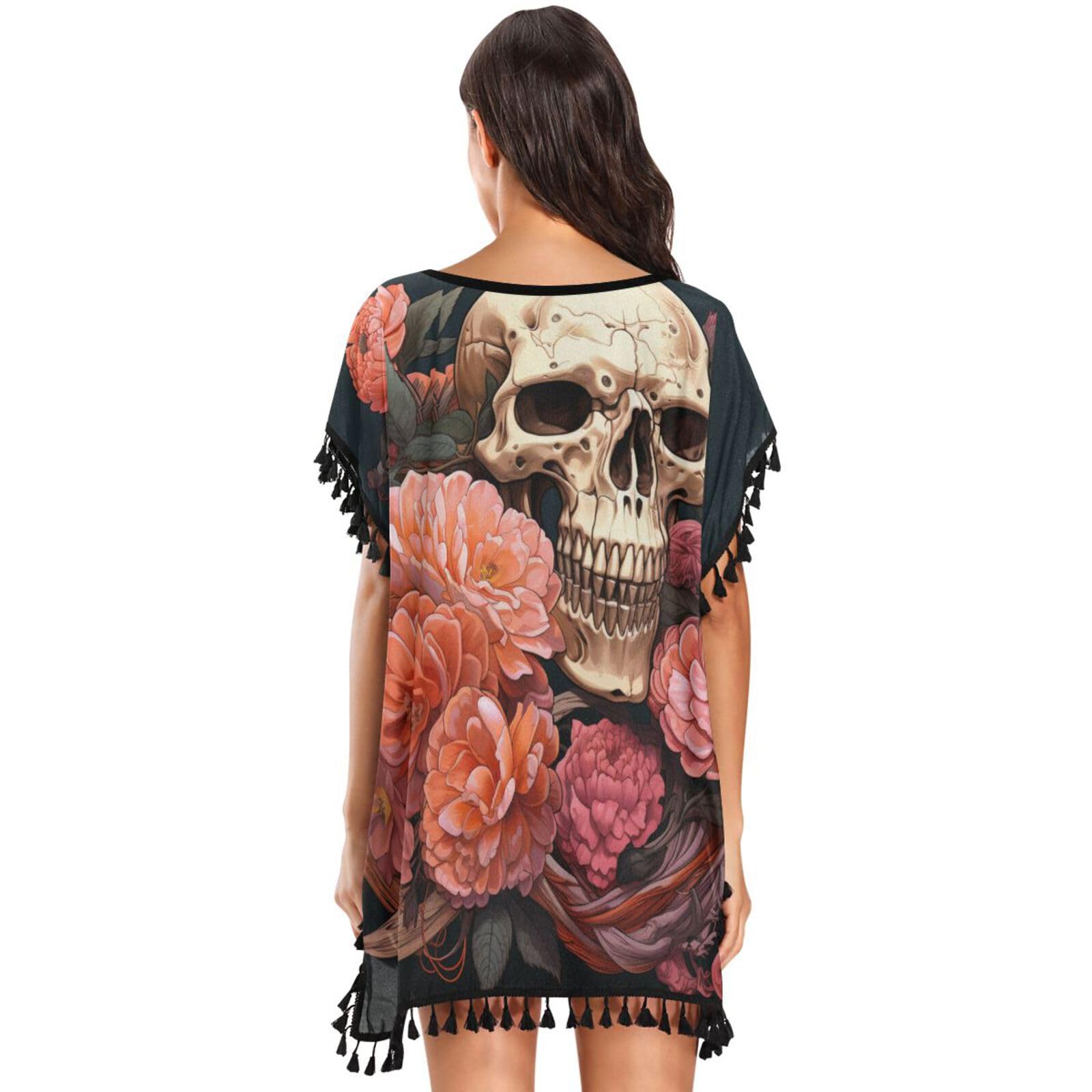 KAAVIYO Skull Snake Roses Women's Beach Cover Up Chiffon Tassel Swimwear Swimsuit Coverups for Girl