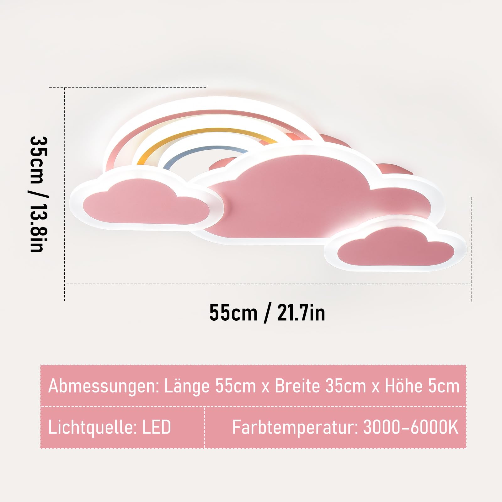 Lampara de Techo Infantil LED, 55cm/30W Lámpara de techo creativa Nubes con arcoiris Regulable con Control Remoto, Lámpara de Techo para Dormitorio de Niños y Niñas, Rosa
